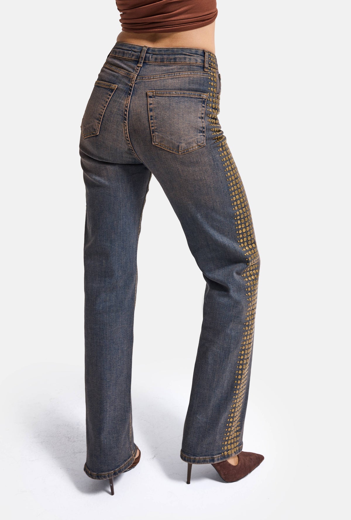 Kadın T-2w6-10 Straight Fit Esnek Kumaş Yapıştırma Taş Detaylı Tasarım Denim Jean