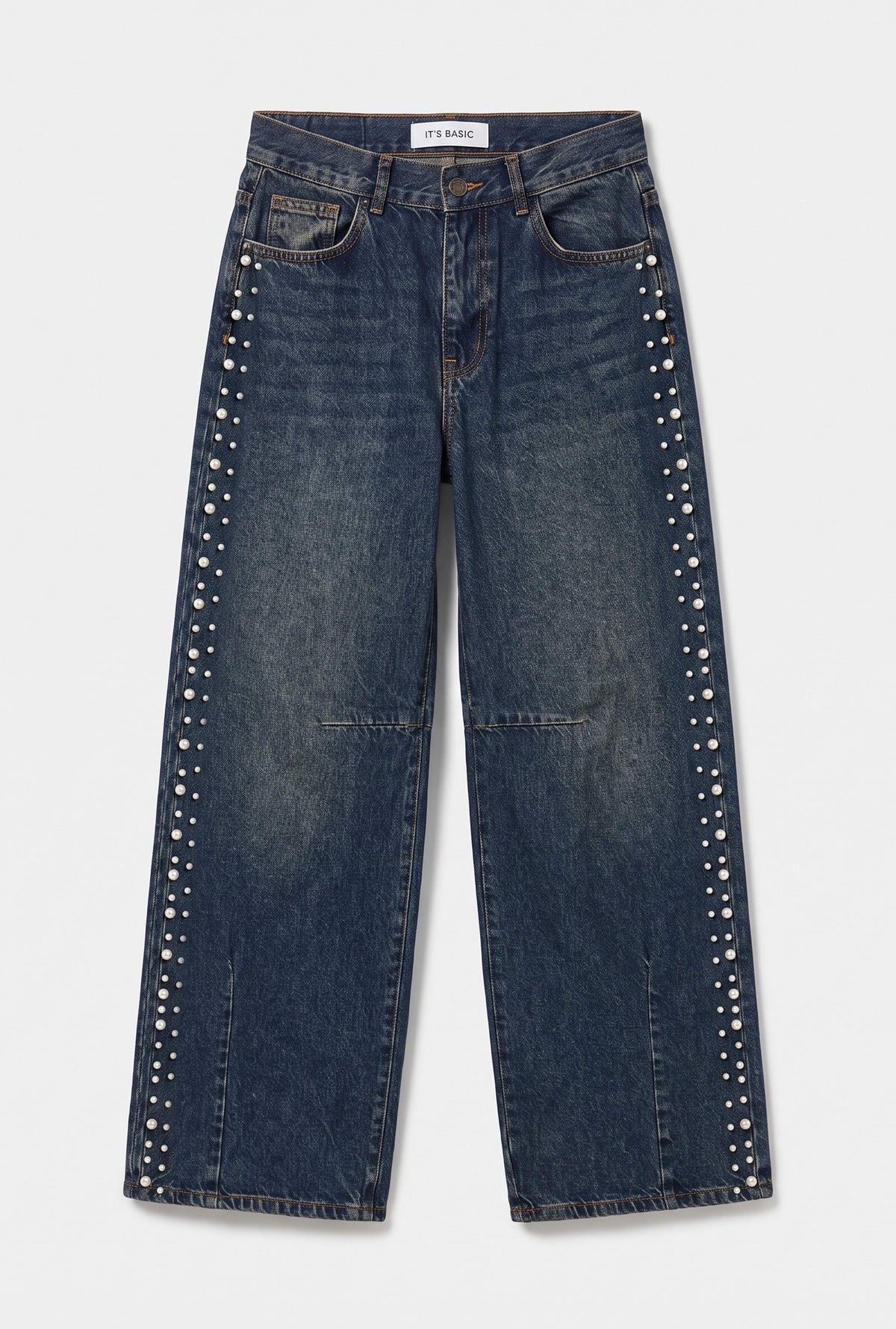 Kadın T-2w6-8 Baggy Fit İnci Tasarım Denim Jean