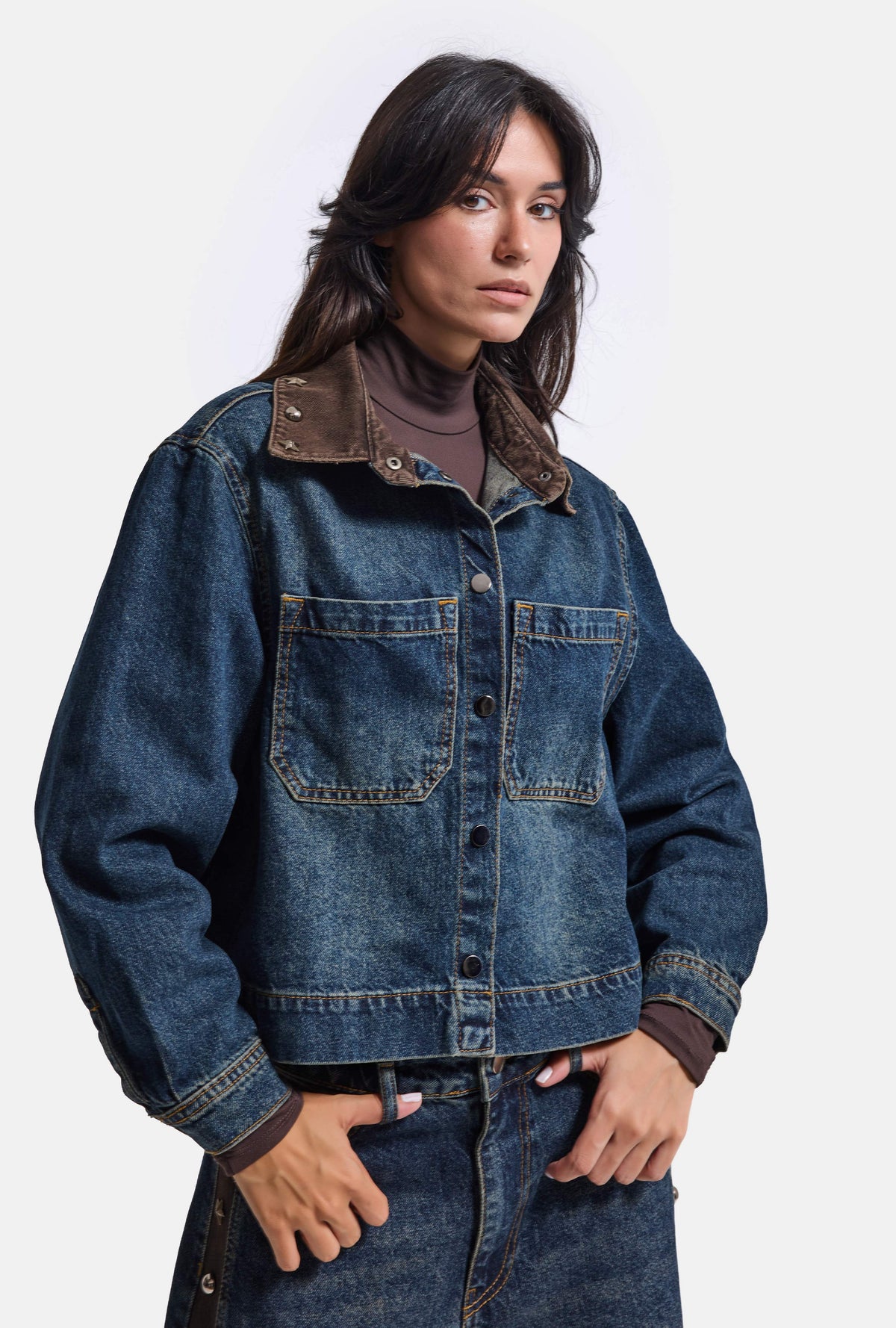 Kadın T-2w6-8 Kemer Boy Aksesuar Detaylı Tasarım Denim Ceket