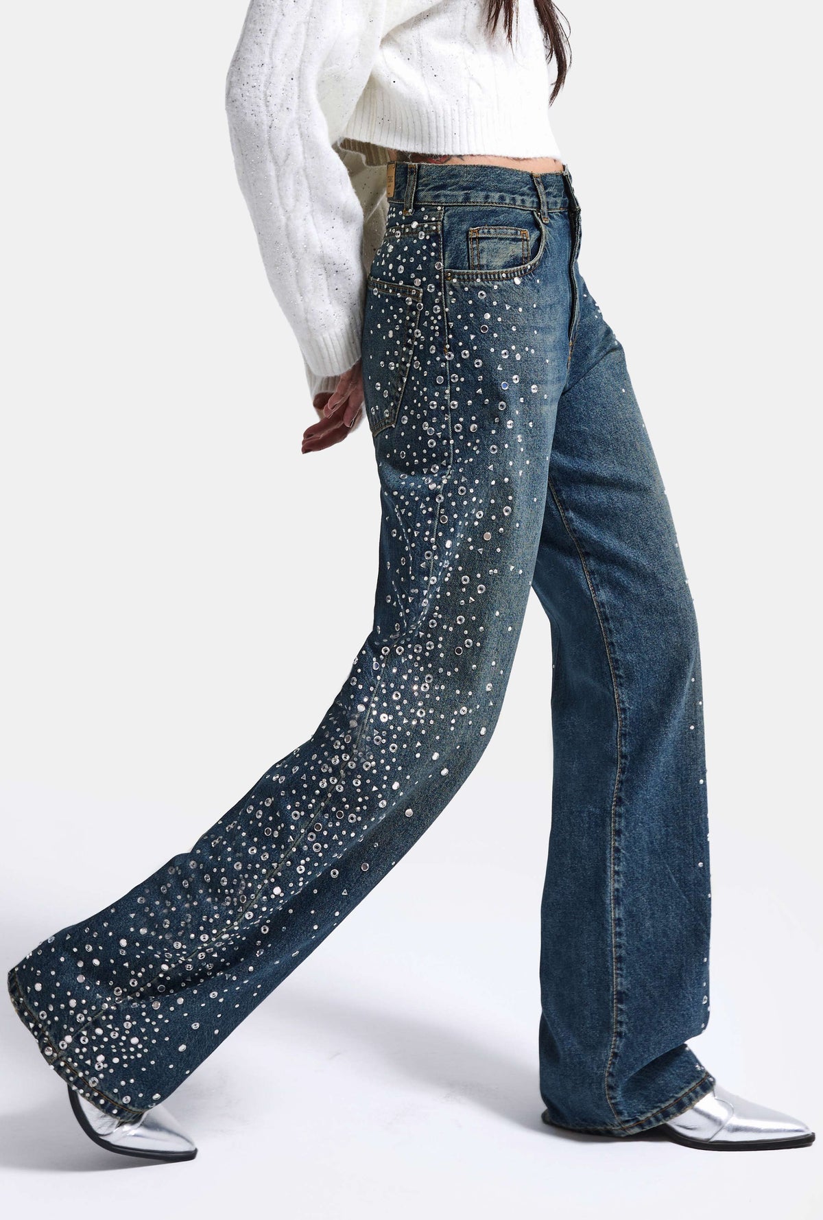 Kadın T-2w6-8 Loose Fit Parlak Taş Özel Tasarım Denim Jean