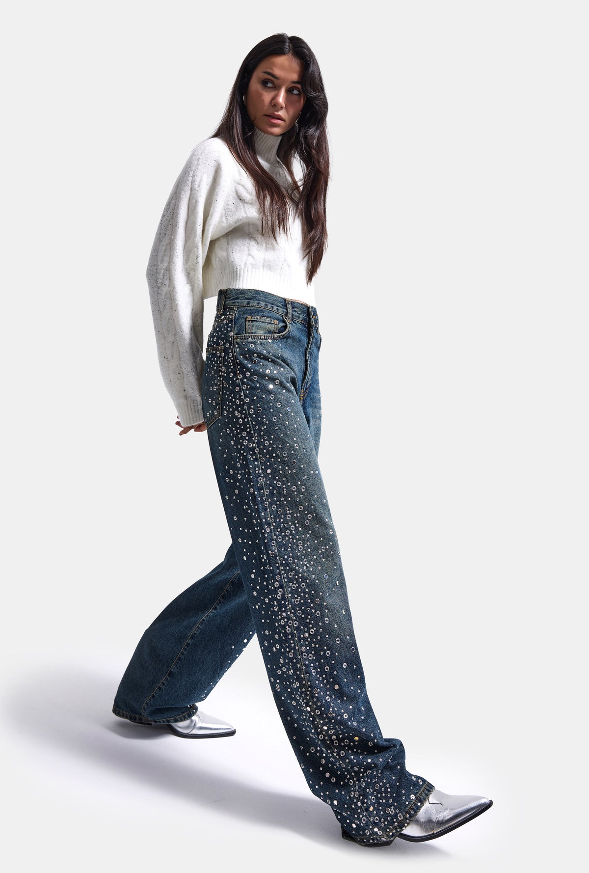 Kadın T-2w6-8 Loose Fit Parlak Taş Özel Tasarım Denim Jean