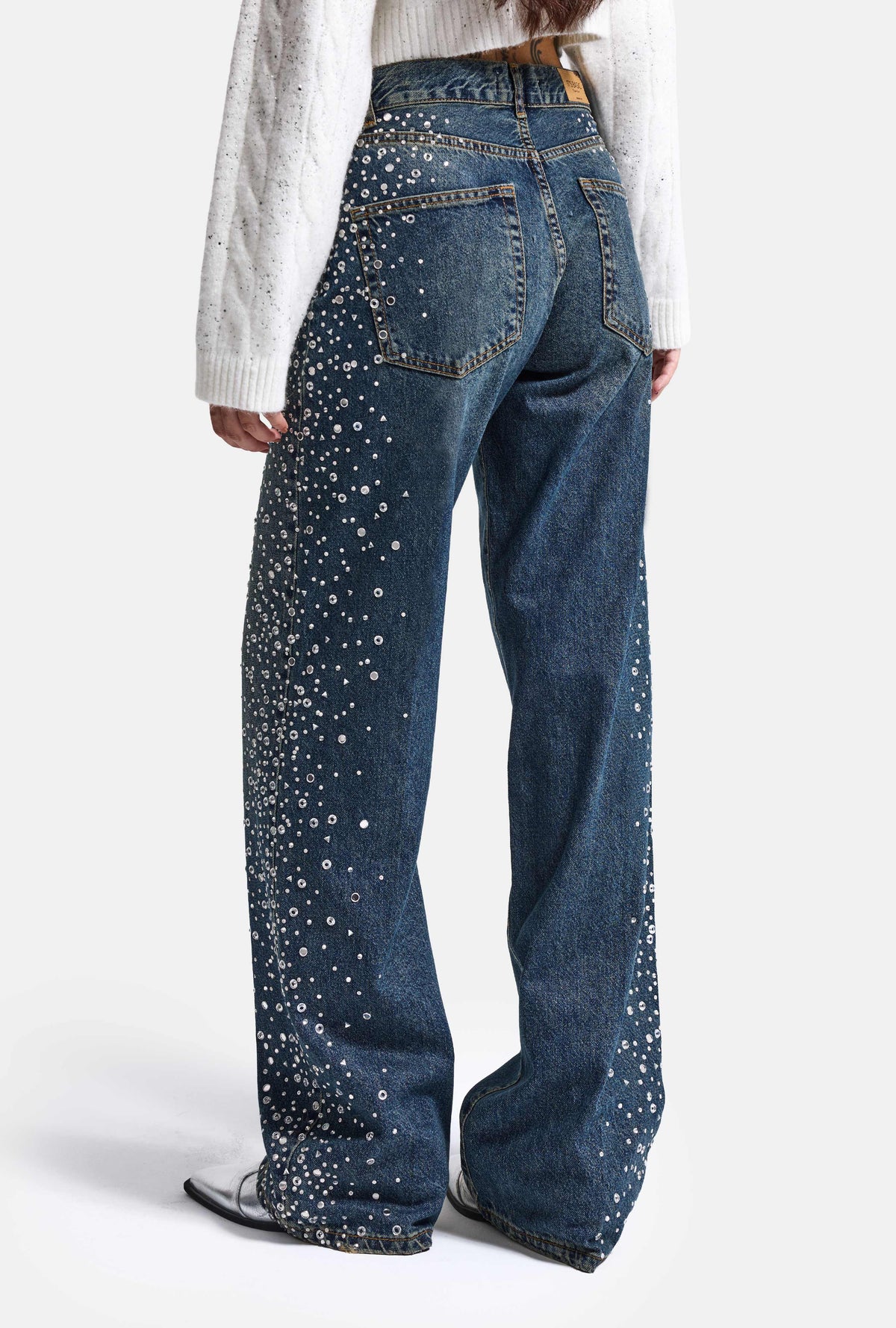 Kadın T-2w6-8 Loose Fit Parlak Taş Özel Tasarım Denim Jean