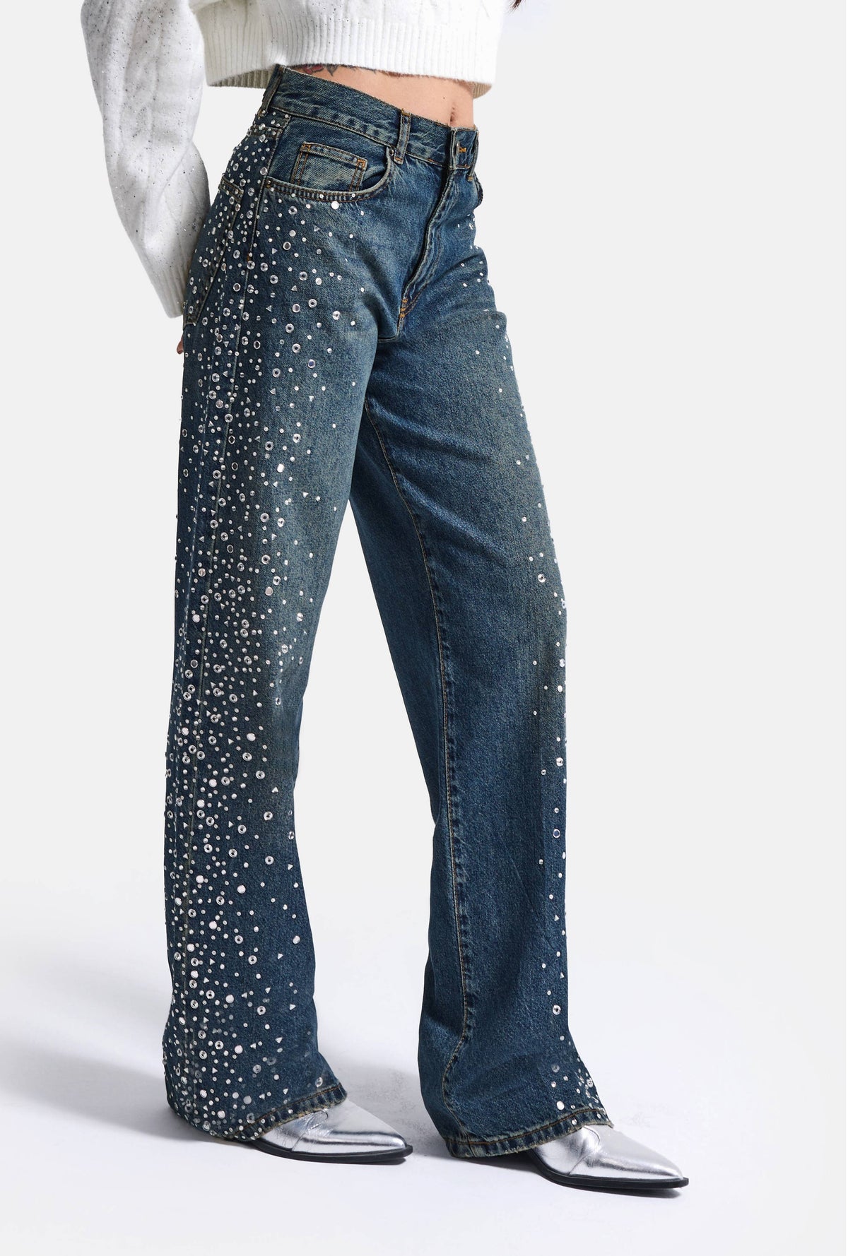 Kadın T-2w6-8 Loose Fit Parlak Taş Özel Tasarım Denim Jean