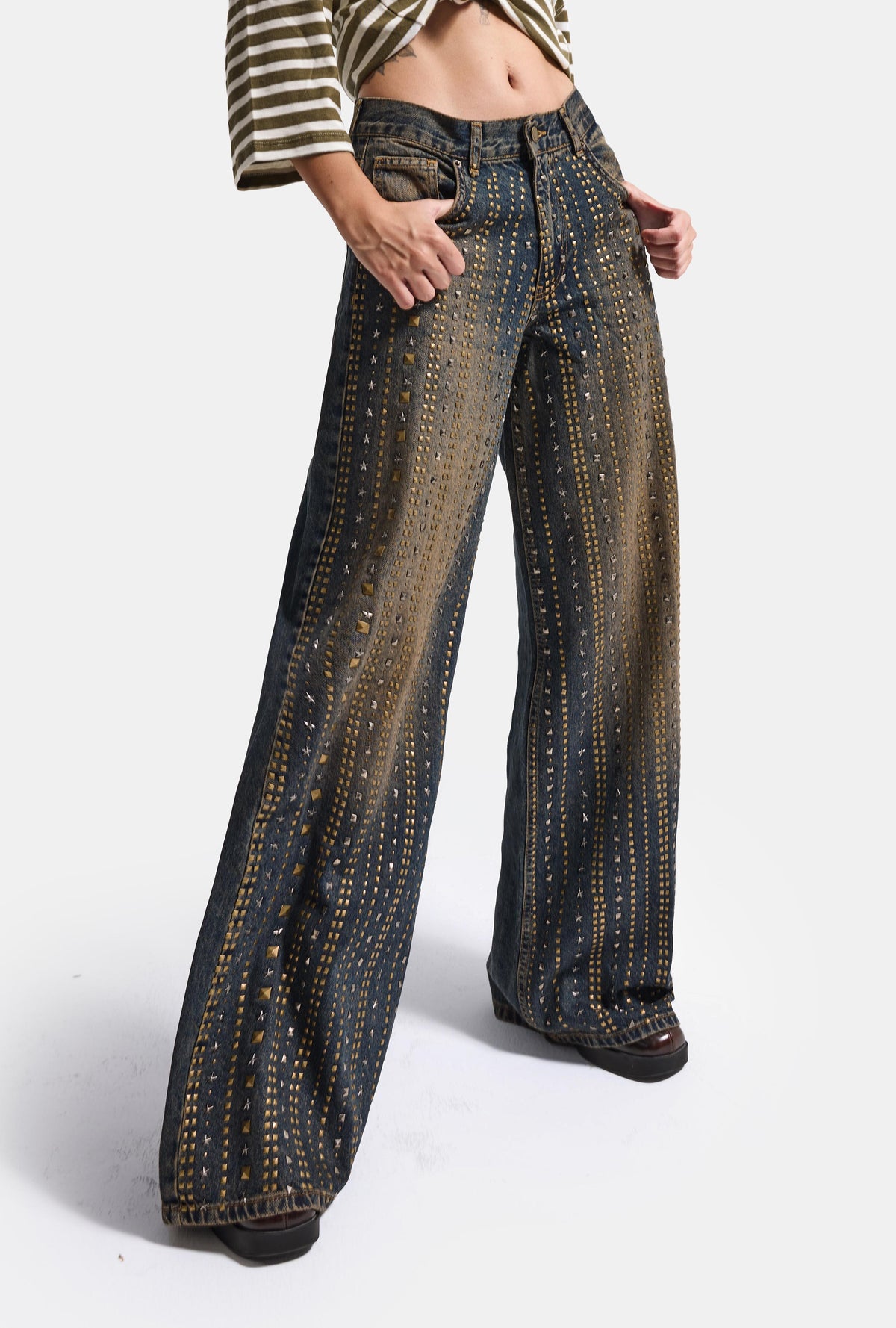 Kadın T-2w6-8 Palazzo Fit Parlak Taş Tasarım Denim Jean