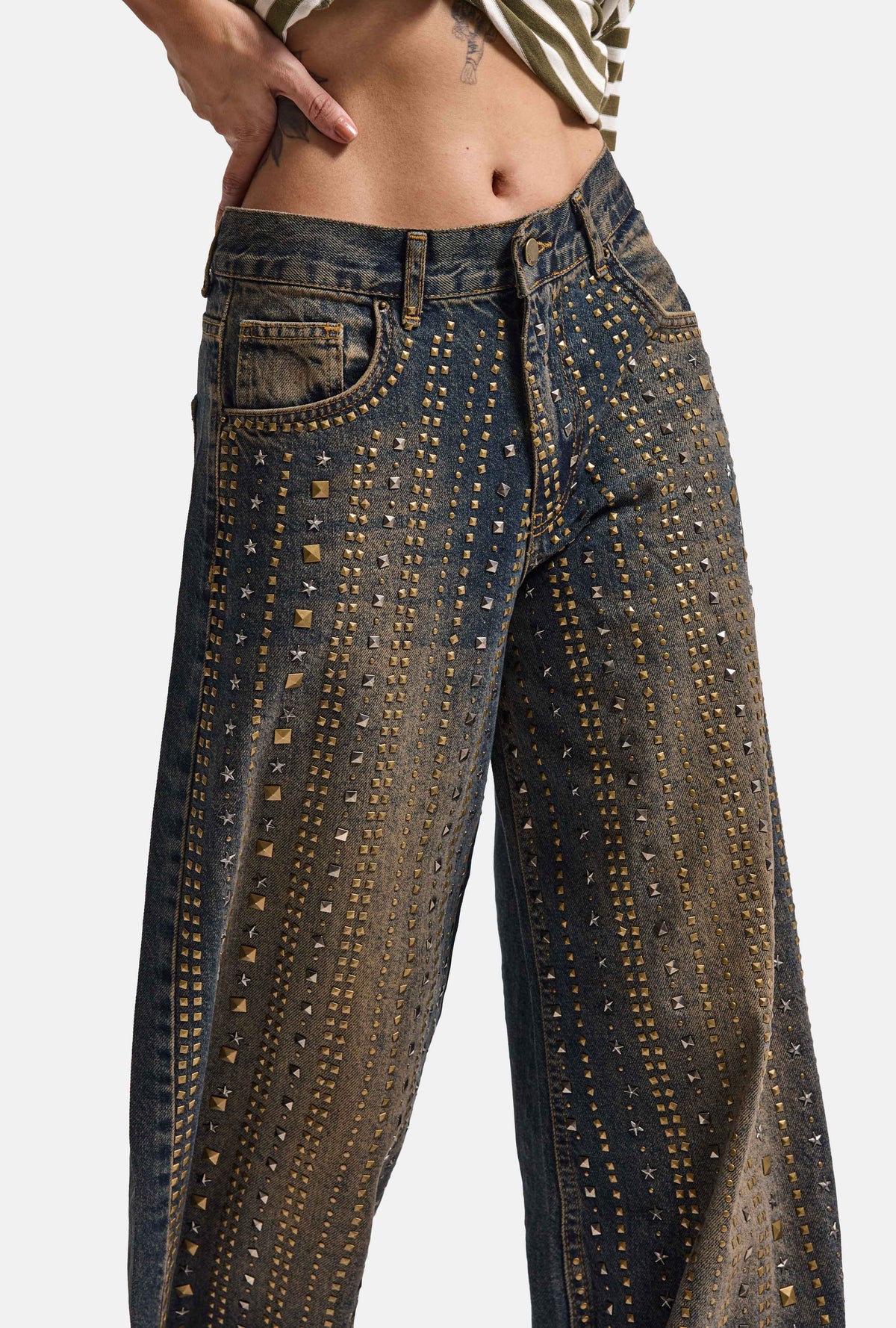 Kadın T-2w6-8 Palazzo Fit Parlak Taş Tasarım Denim Jean
