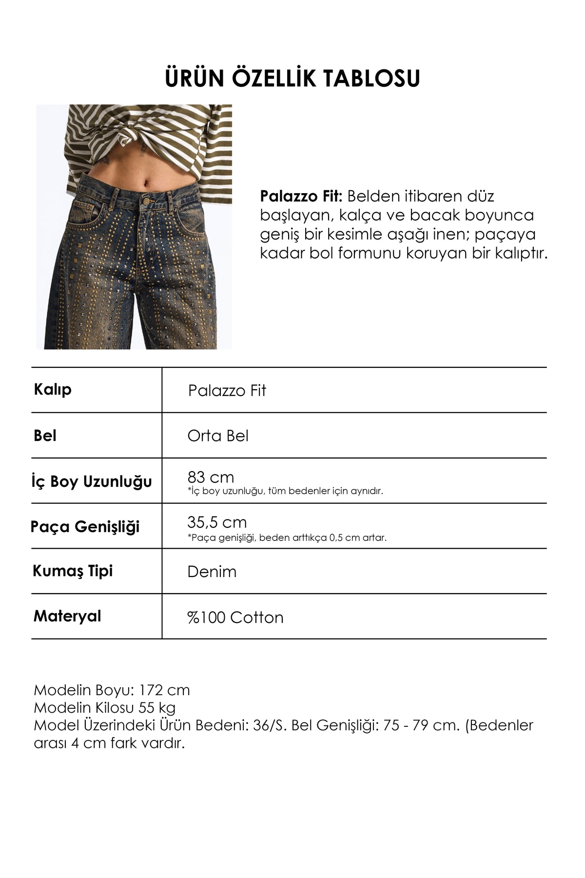Kadın T-2w6-8 Palazzo Fit Parlak Taş Tasarım Denim Jean