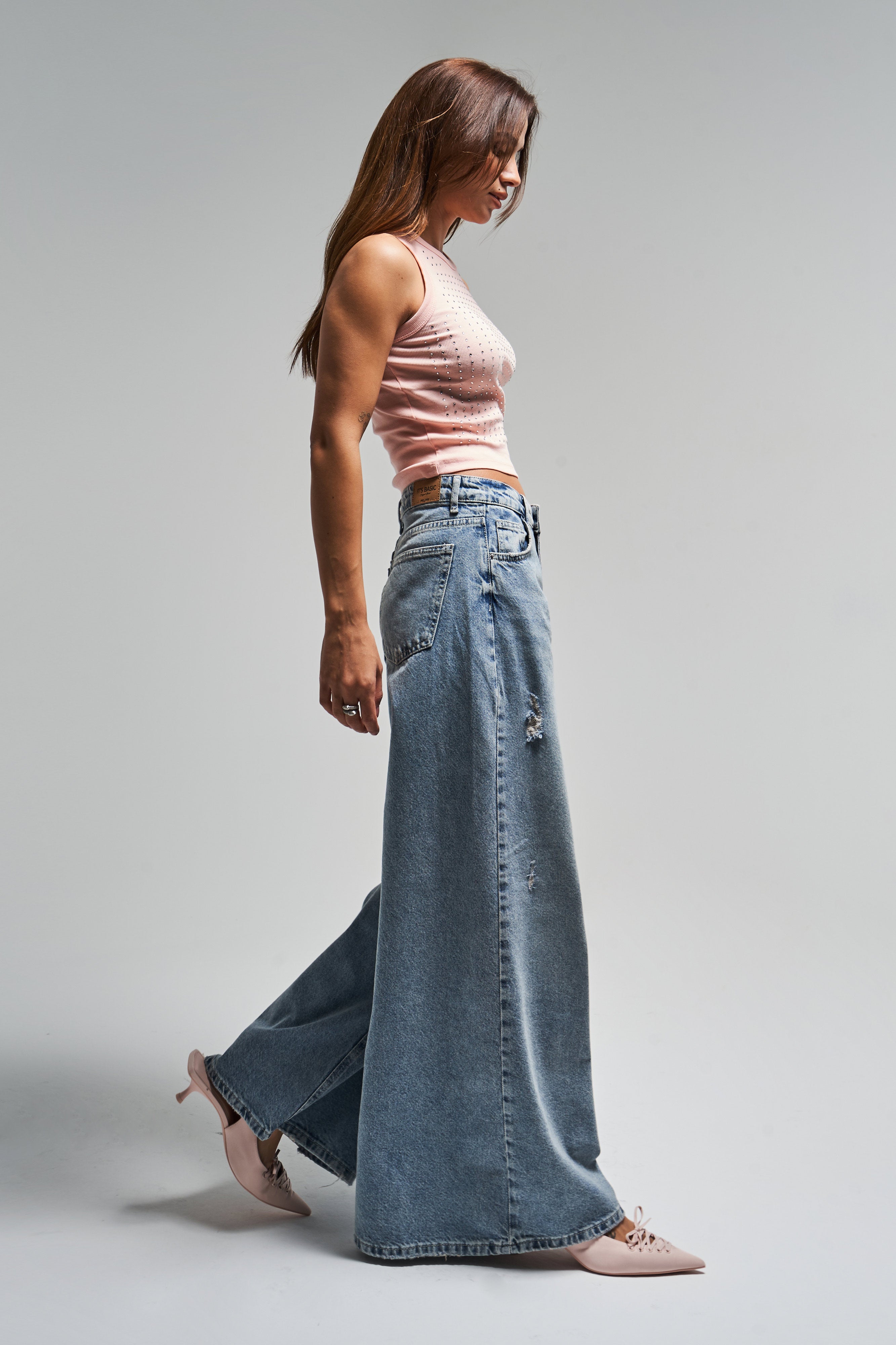 Kadın T.Kot Rengi 10s5-32 Elephant Leg Bol Kesim %100 Koton Yırtık Detaylı Denim Jean