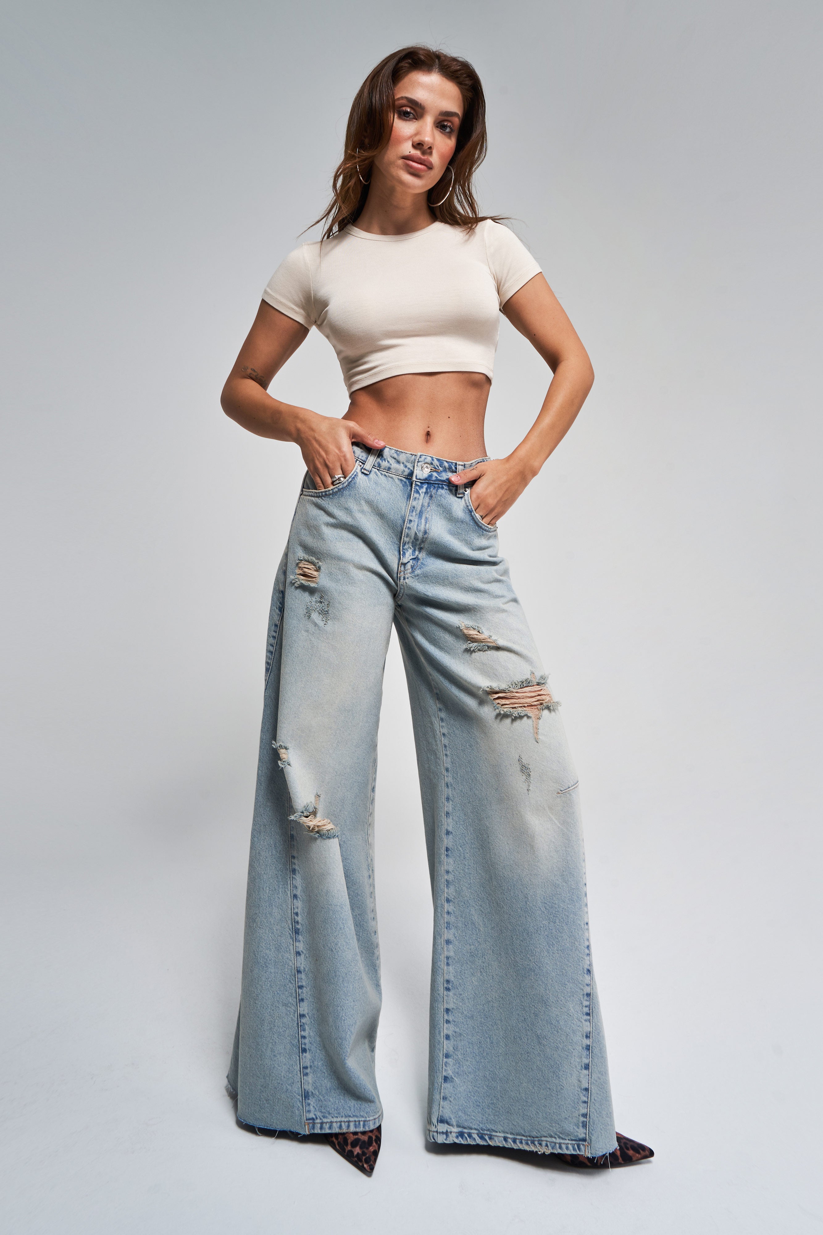 Kadın T.Kot Rengi 10S5-75 Baggy Palazzo Fit %100 Koton Yırtık Detaylı Denim Jean
