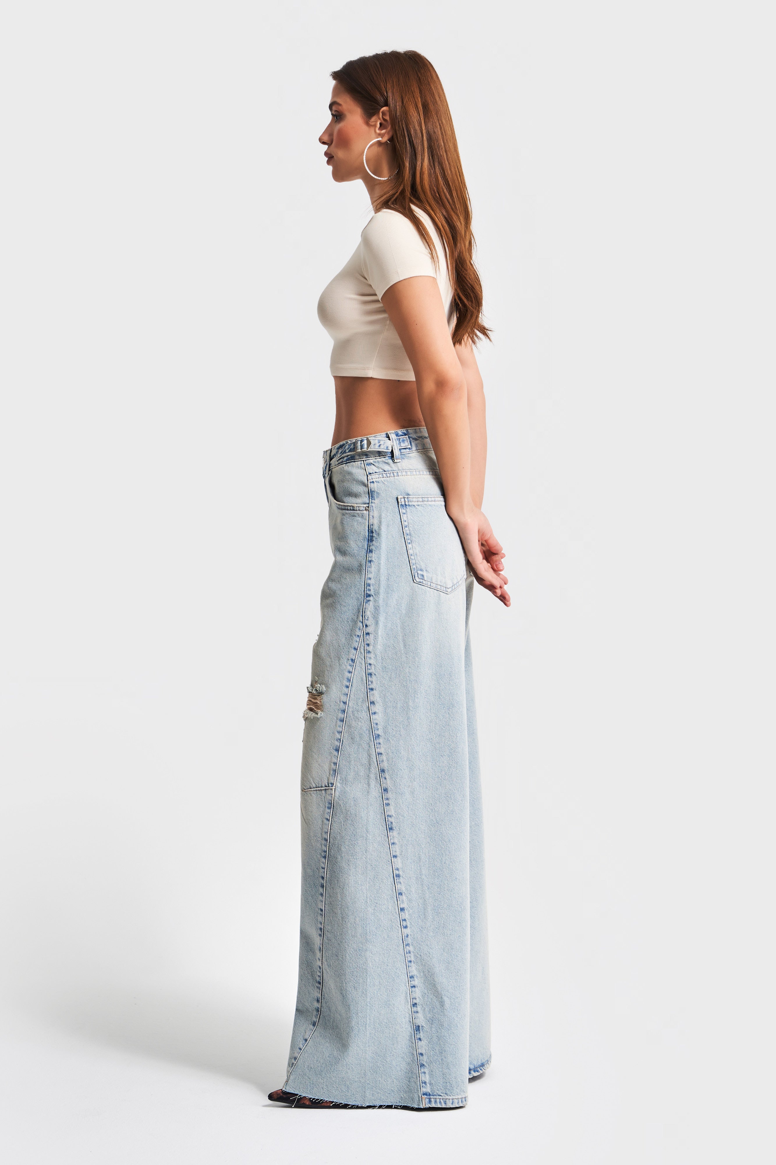 Kadın T.Kot Rengi 10S5-75 Baggy Palazzo Fit %100 Koton Yırtık Detaylı Denim Jean