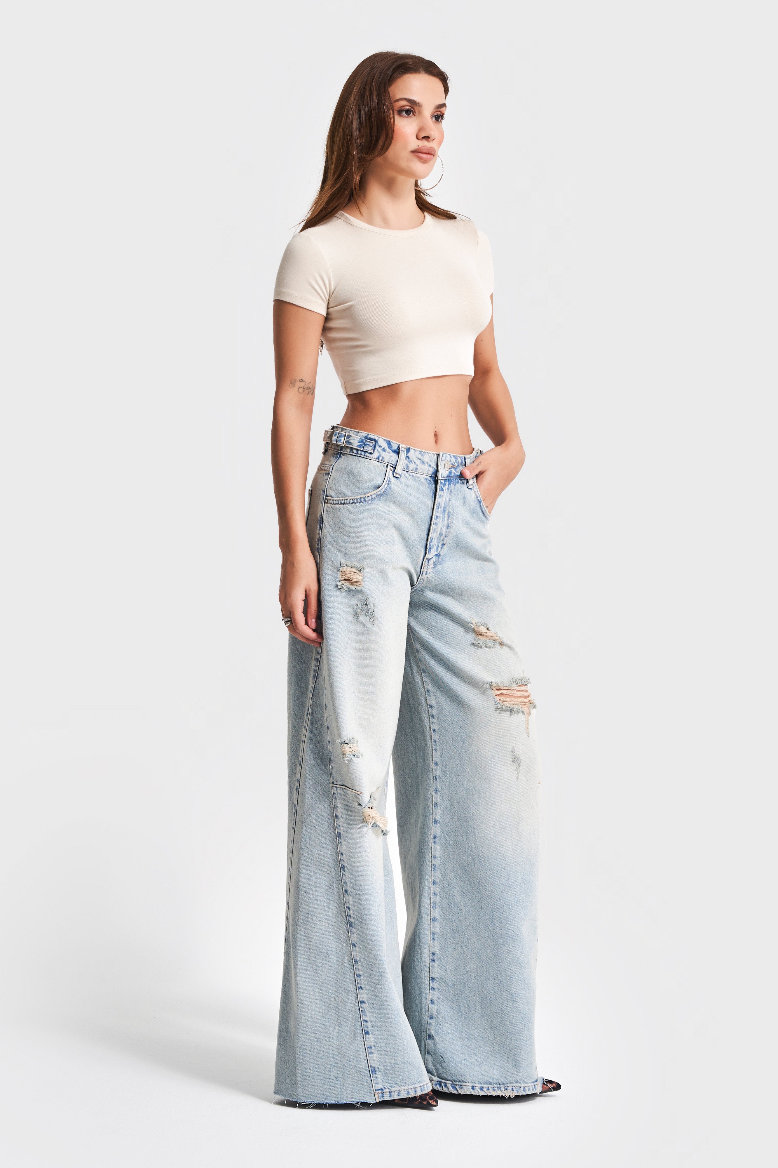 Kadın T.Kot Rengi 10S5-75 Baggy Palazzo Fit %100 Koton Yırtık Detaylı Denim Jean