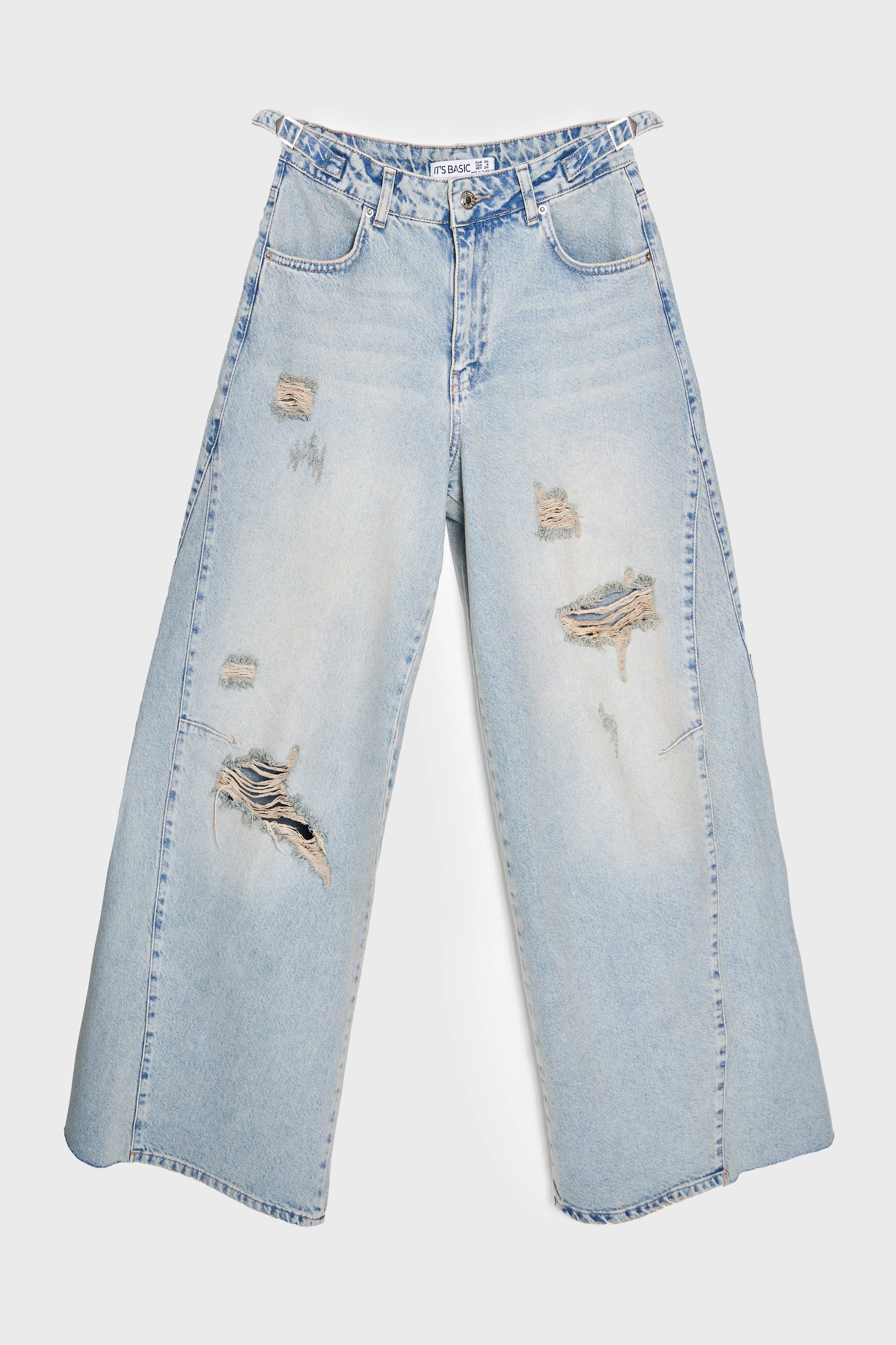 Kadın T.Kot Rengi 10S5-75 Baggy Palazzo Fit %100 Koton Yırtık Detaylı Denim Jean