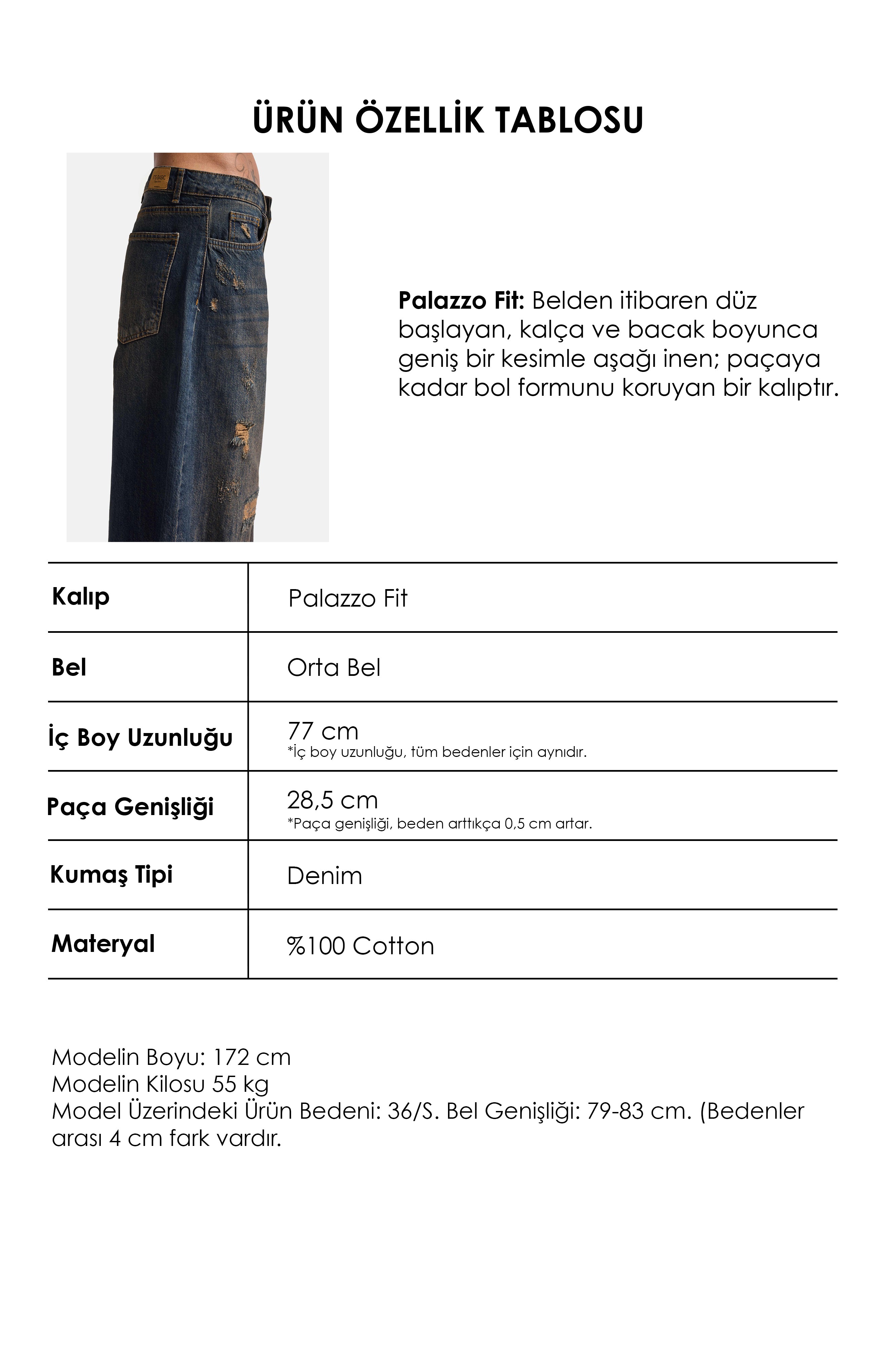 Kadın T.Kot Rengi 10w6-8 Palazzo Fit Süper Bol Kesim Denim Jean
