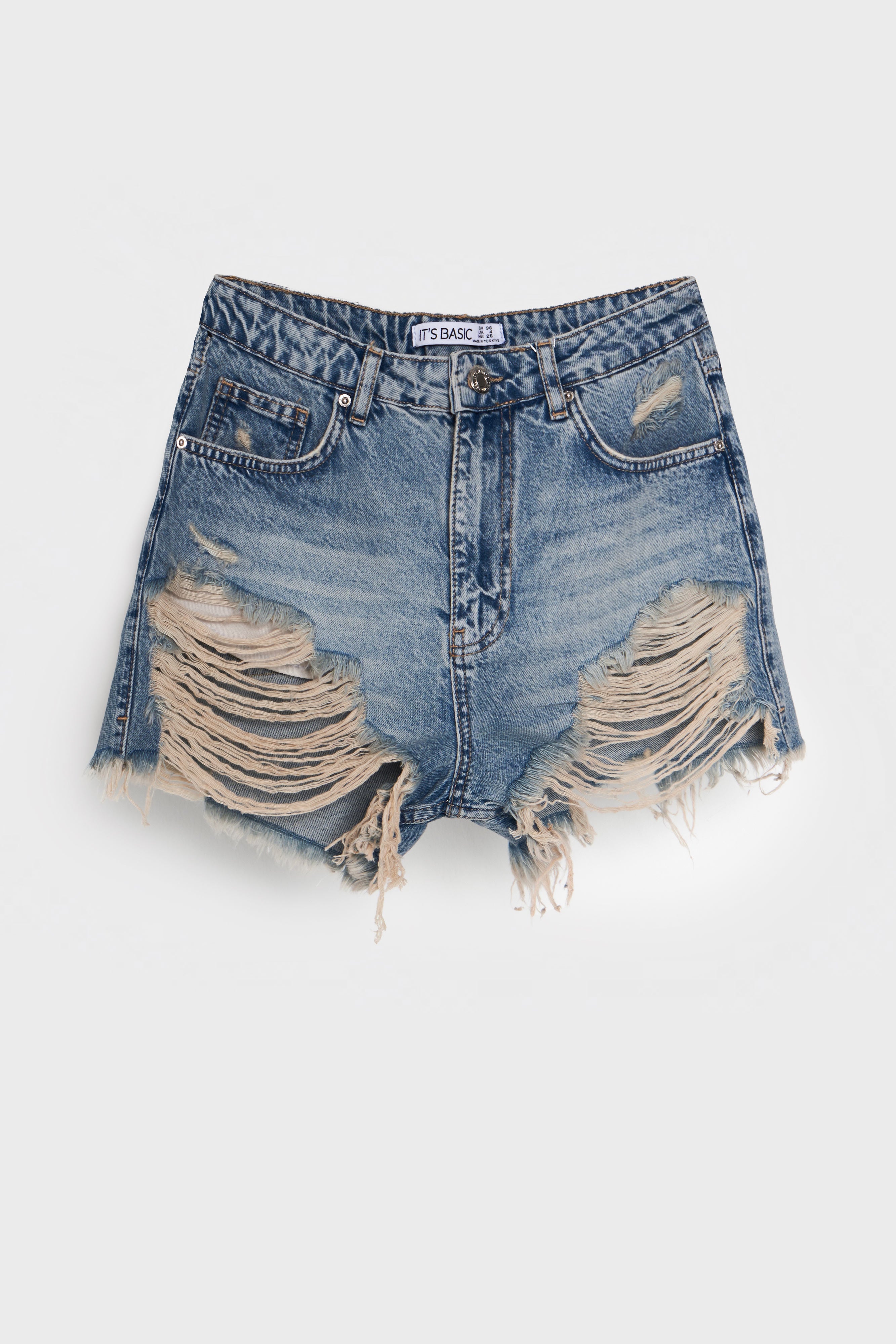 Kadın T.Kot Rengi 12s5-32 Mini Boy Yüksek Bel Curved Yırtık Detaylı Püsküllü %100 Koton Denim Şort