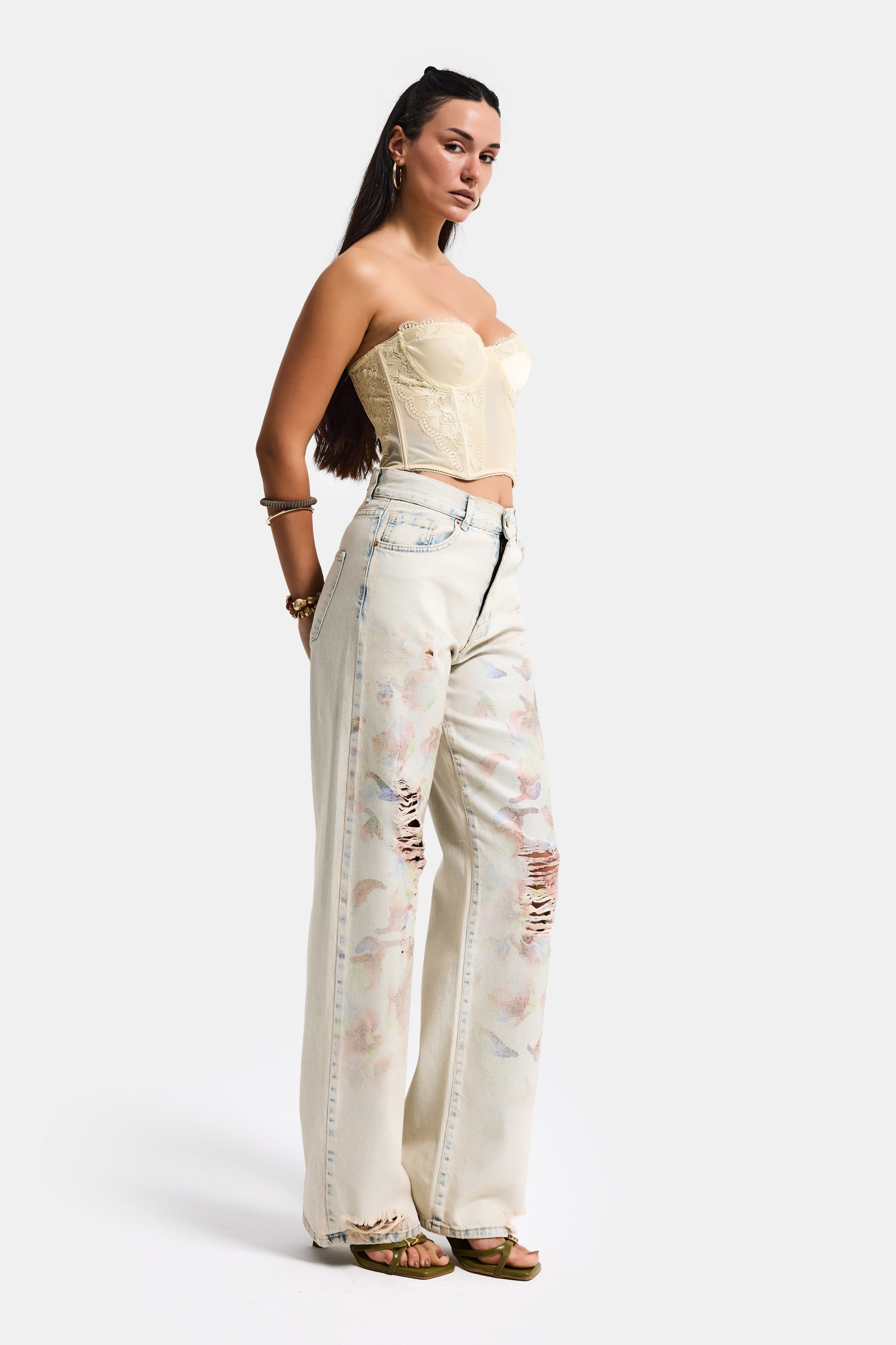 Kadın T.Kot Rengi 12s6-99 Loose Fit Yırtık Detaylı Çiçek Baskılı Özel Tasarım Denim Jean