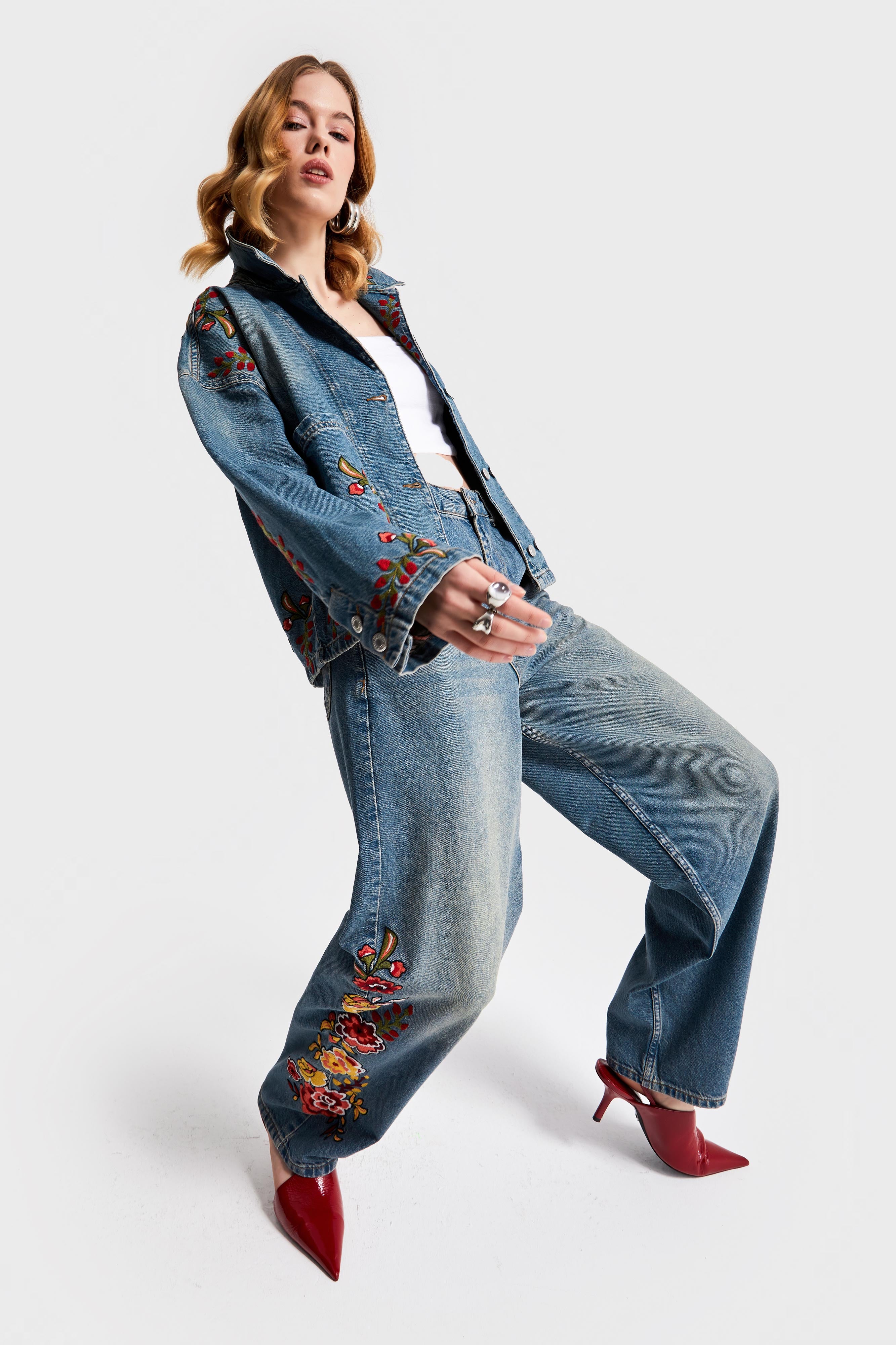 Kadın T.Kot Rengi 2S566 Çiçek Nakışlı Oversize Tasarım Denim Ceket