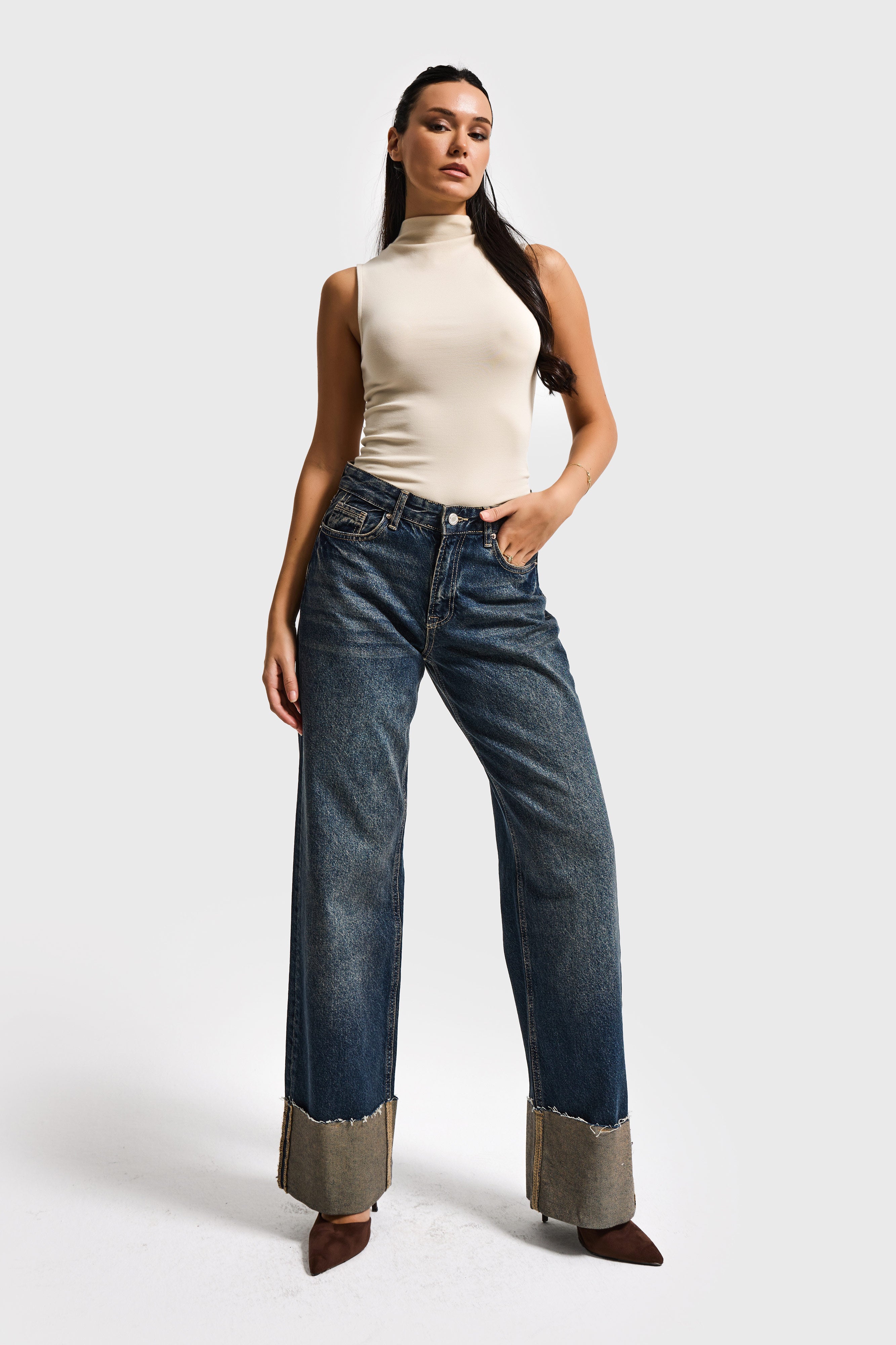 Kadın T.Kot Rengi 2s6-8 Straight Fit Yüksek Bel Paça Detaylı Denim Jean