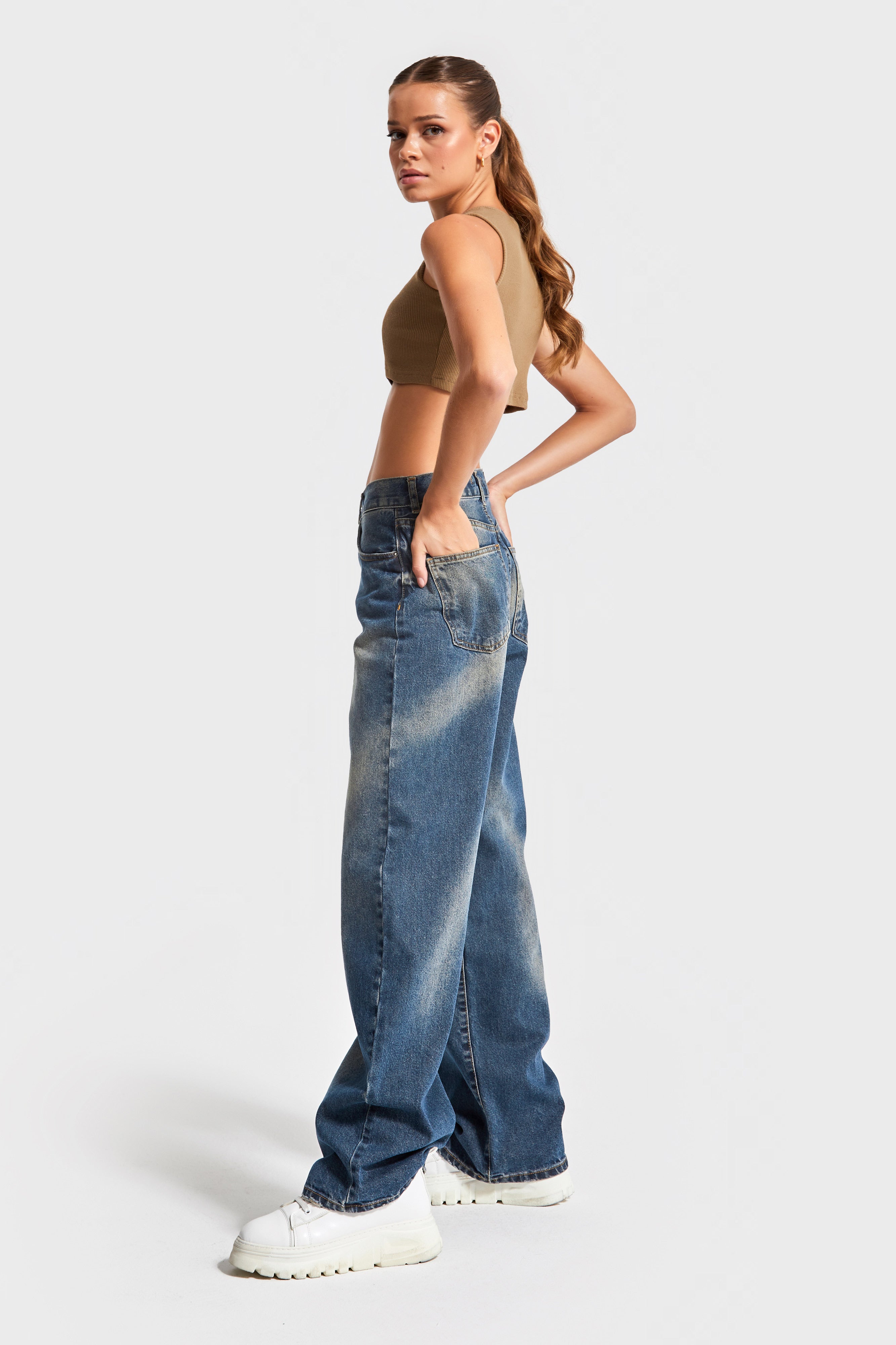 Kadın T.Kot Rengi 2W4-23 Özel Yıkama Straight Fit %100 Koton Yüksek Bel Denim Jean