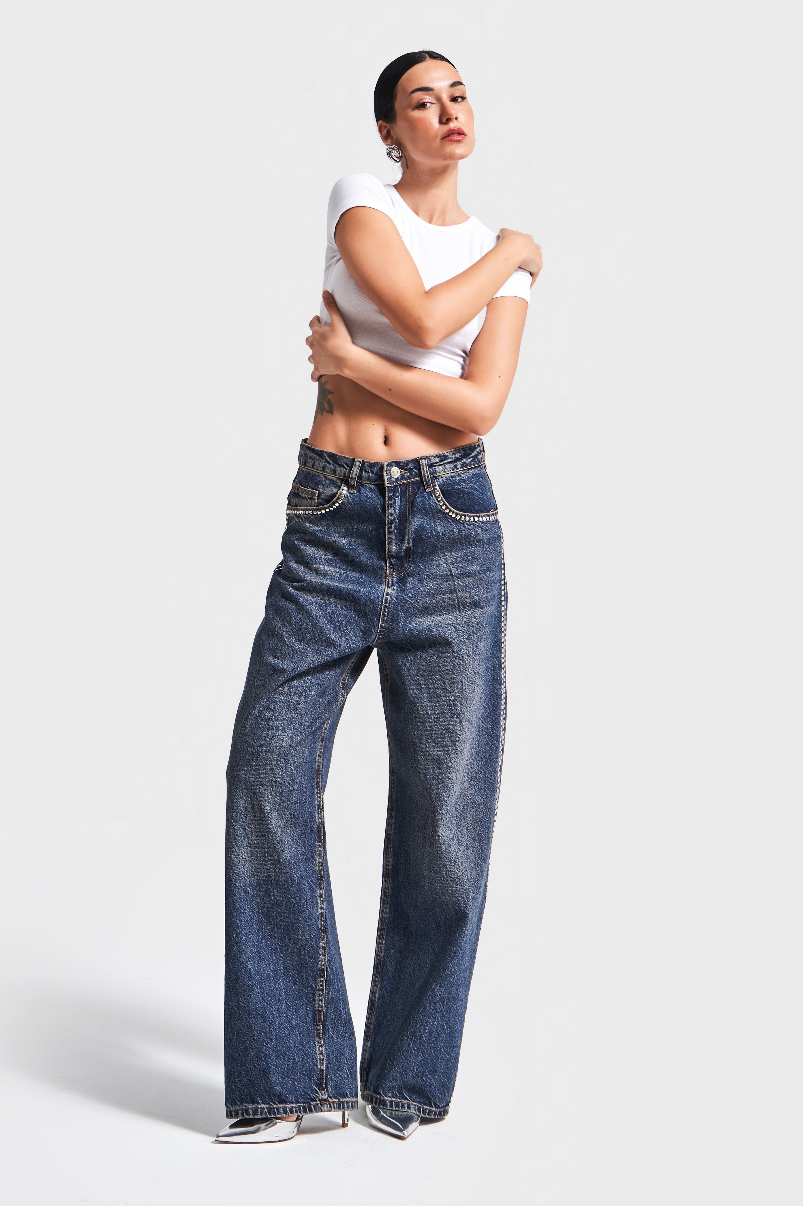 Kadın T.Kot Rengi 2W4-8 Skater Fit Yandan Taş Detaylı Bol Kesim Tasarım Denim Jean