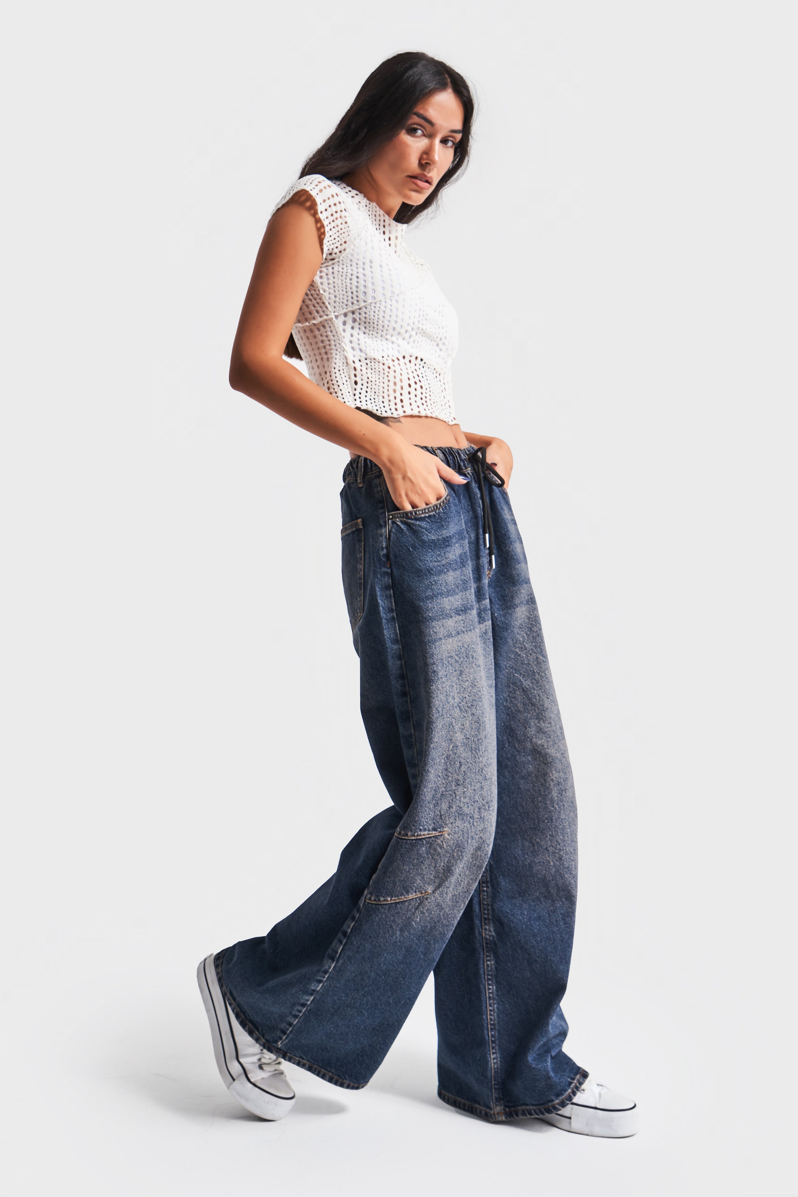 Women's T.Jeans Color 2w48 Lace-up Palazzo Fit Waist Elastic Denim