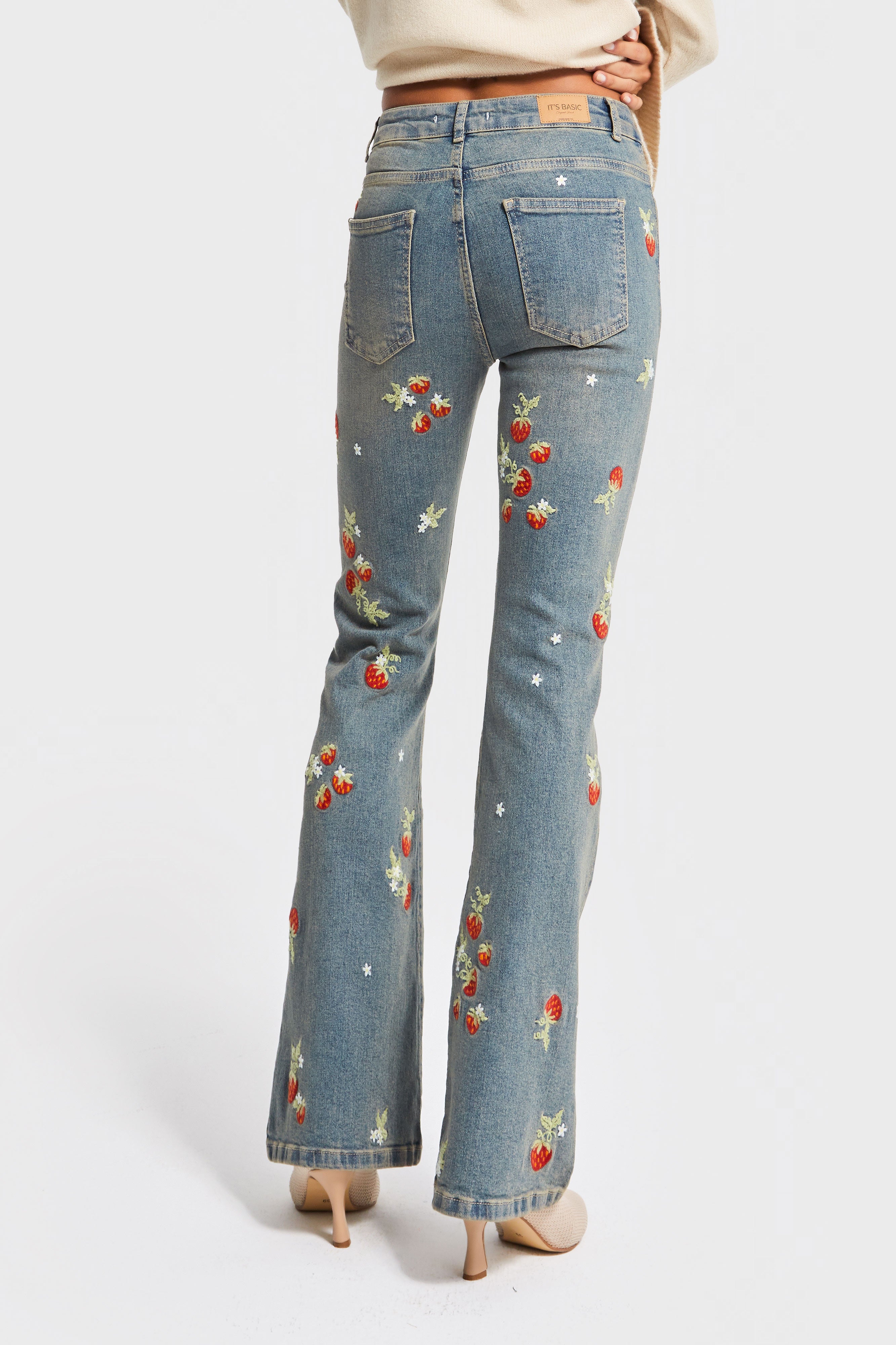 Kadın T.Kot Rengi 2w5-32 Flare Fit Likralı Kumaş Çiçek Nakış Desenli Özel Tasarım Denim Jean