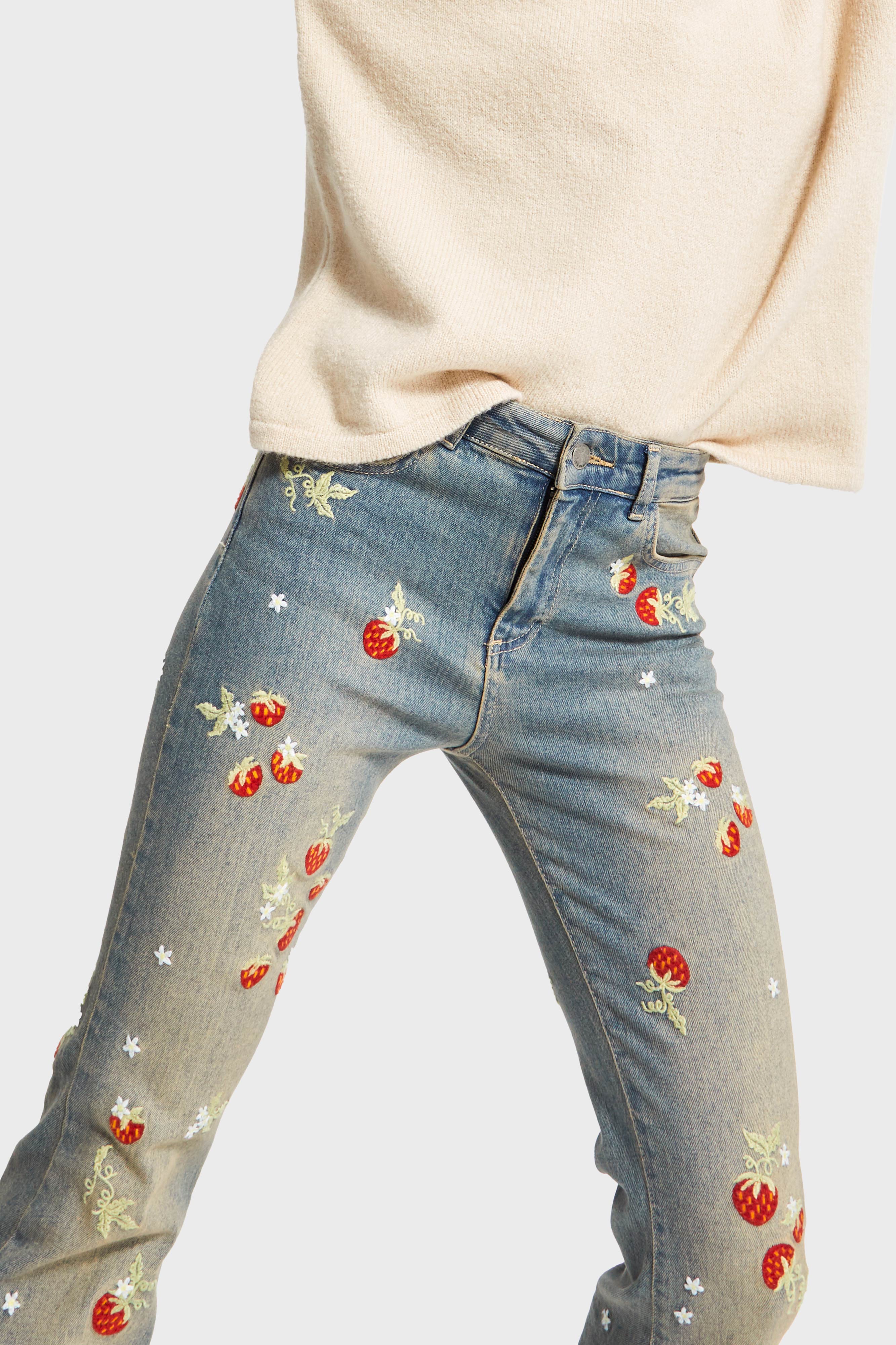 Kadın T.Kot Rengi 2w5-32 Flare Fit Likralı Kumaş Çiçek Nakış Desenli Özel Tasarım Denim Jean