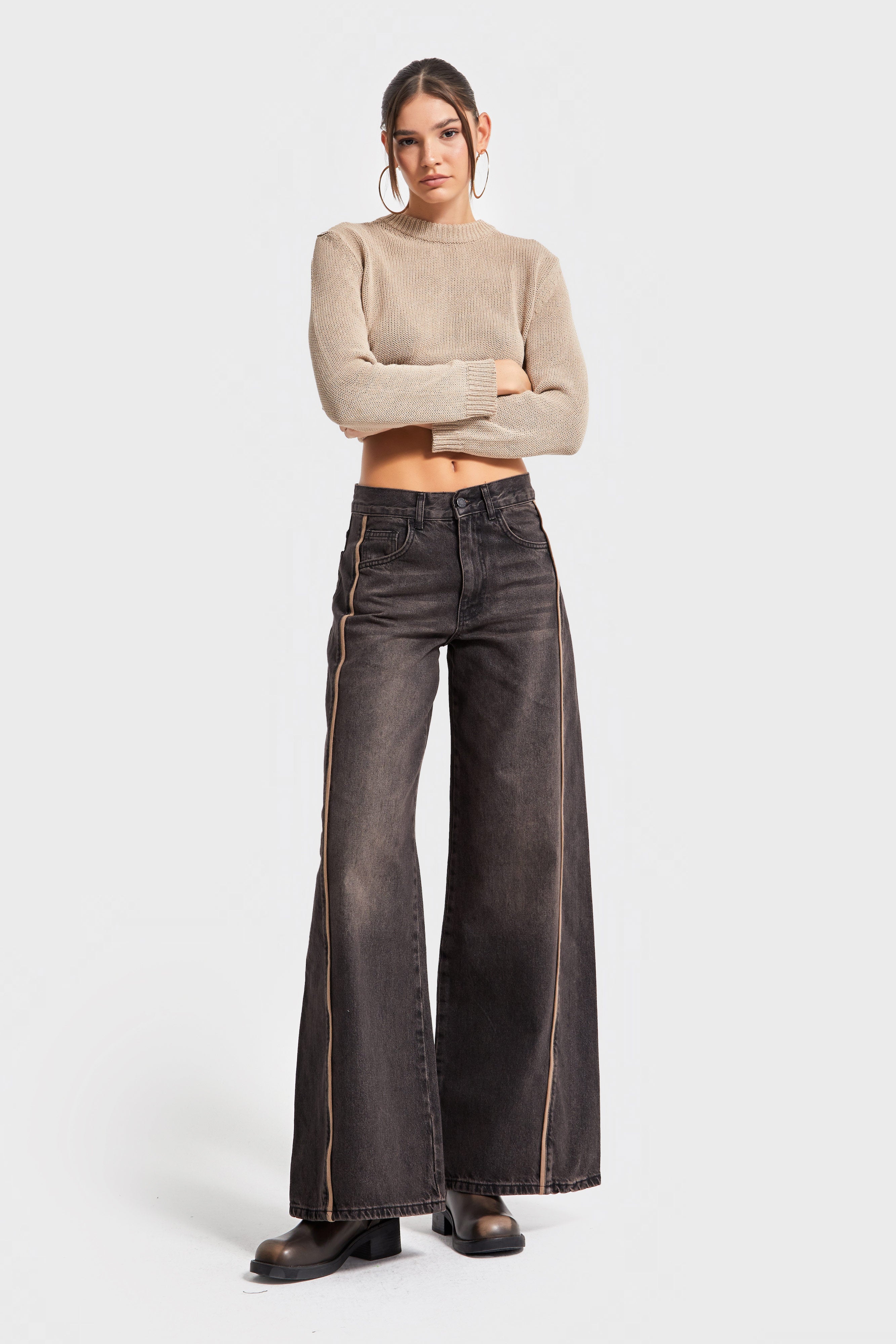 Kadın T.Kot Rengi 2w5-62 Palazzo Fit Yandan Şerit Detaylı Bol Kesim İç Boy 80cm Tasarım Denim Jean