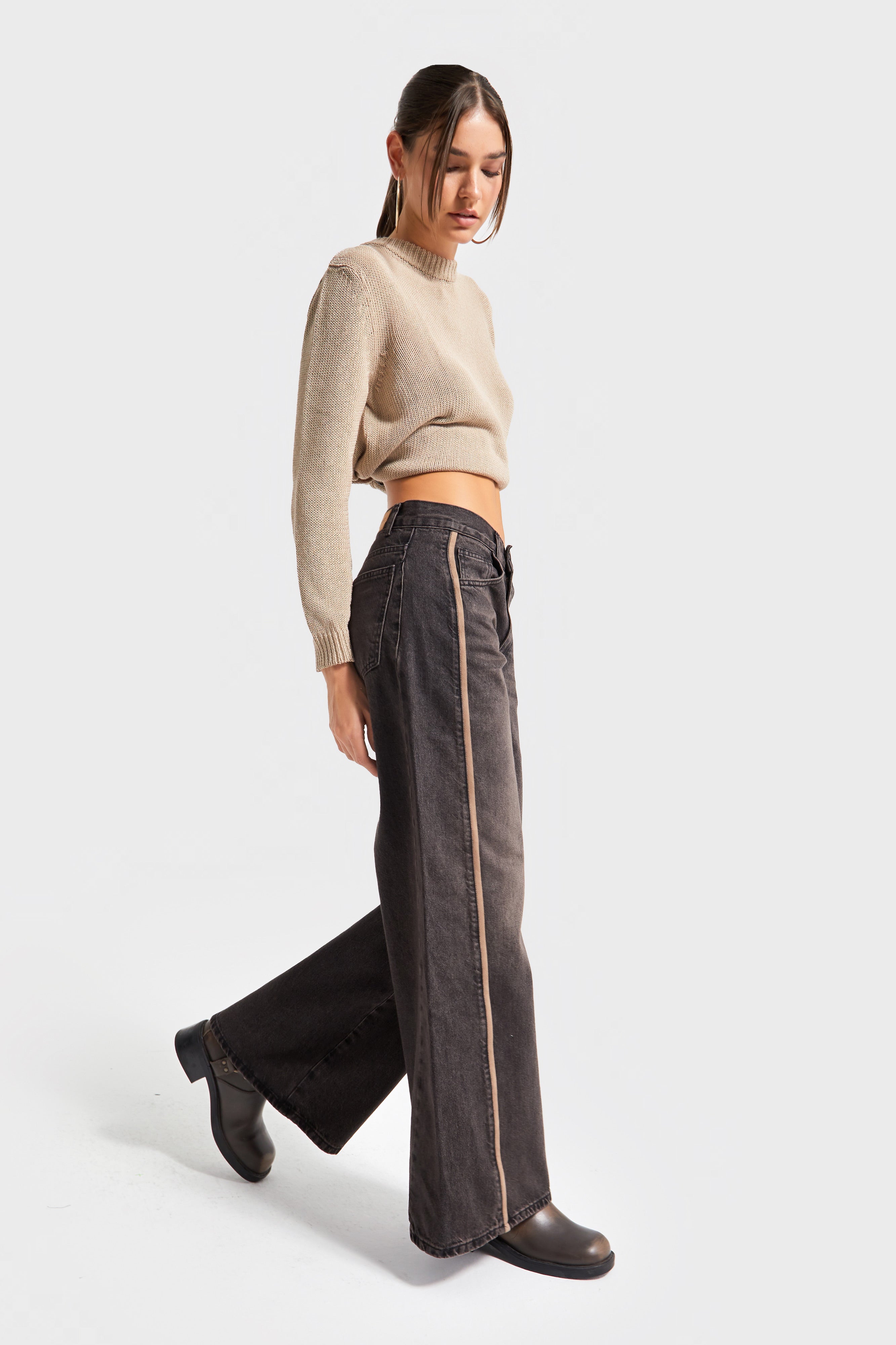 Kadın T.Kot Rengi 2w5-62 Palazzo Fit Yandan Şerit Detaylı Bol Kesim İç Boy 80cm Tasarım Denim Jean