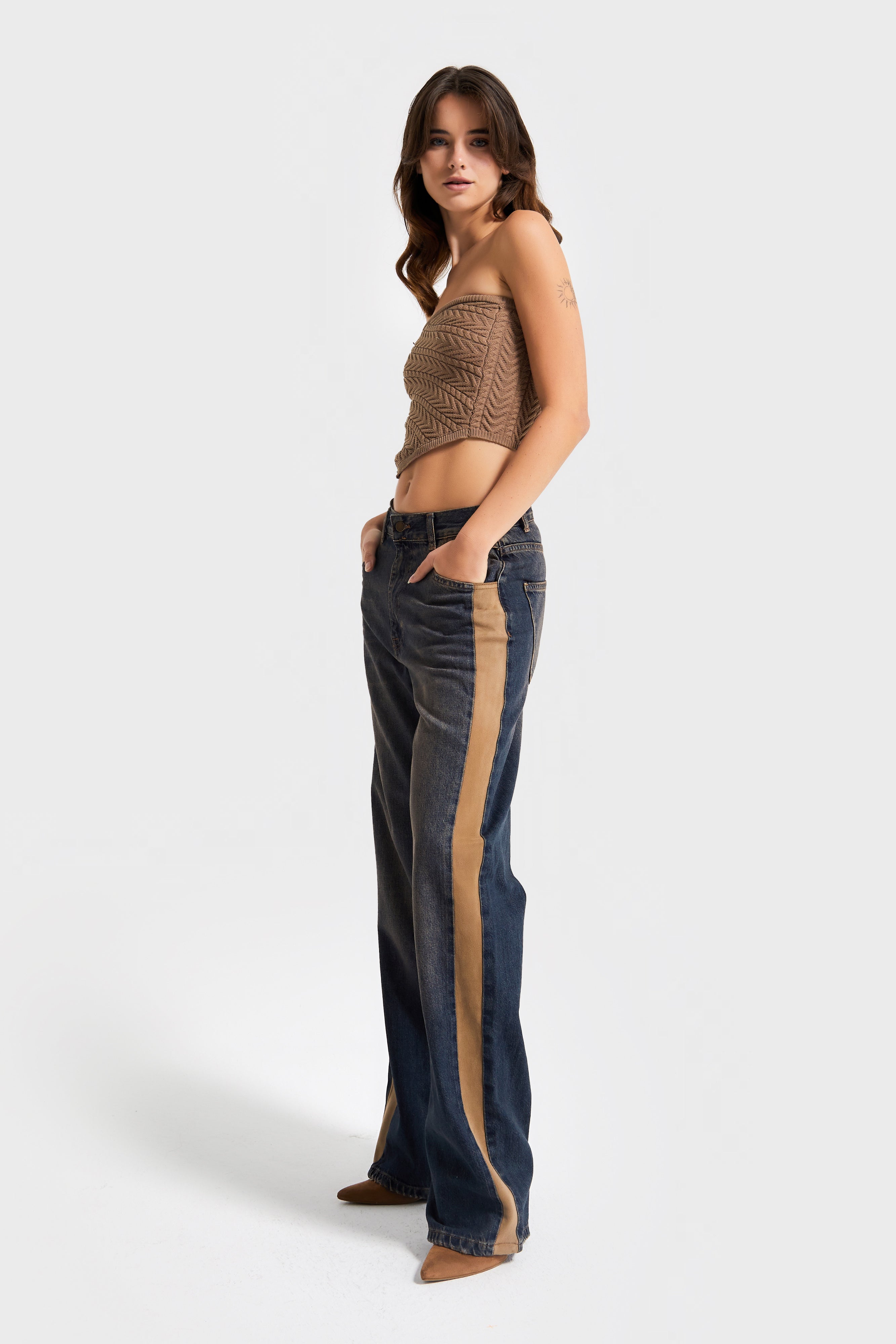 Kadın T.Kot Rengi 2w5-8 Loose Fit Yan Süet Şerit Detaylı Özel Tasarım Denim Jean