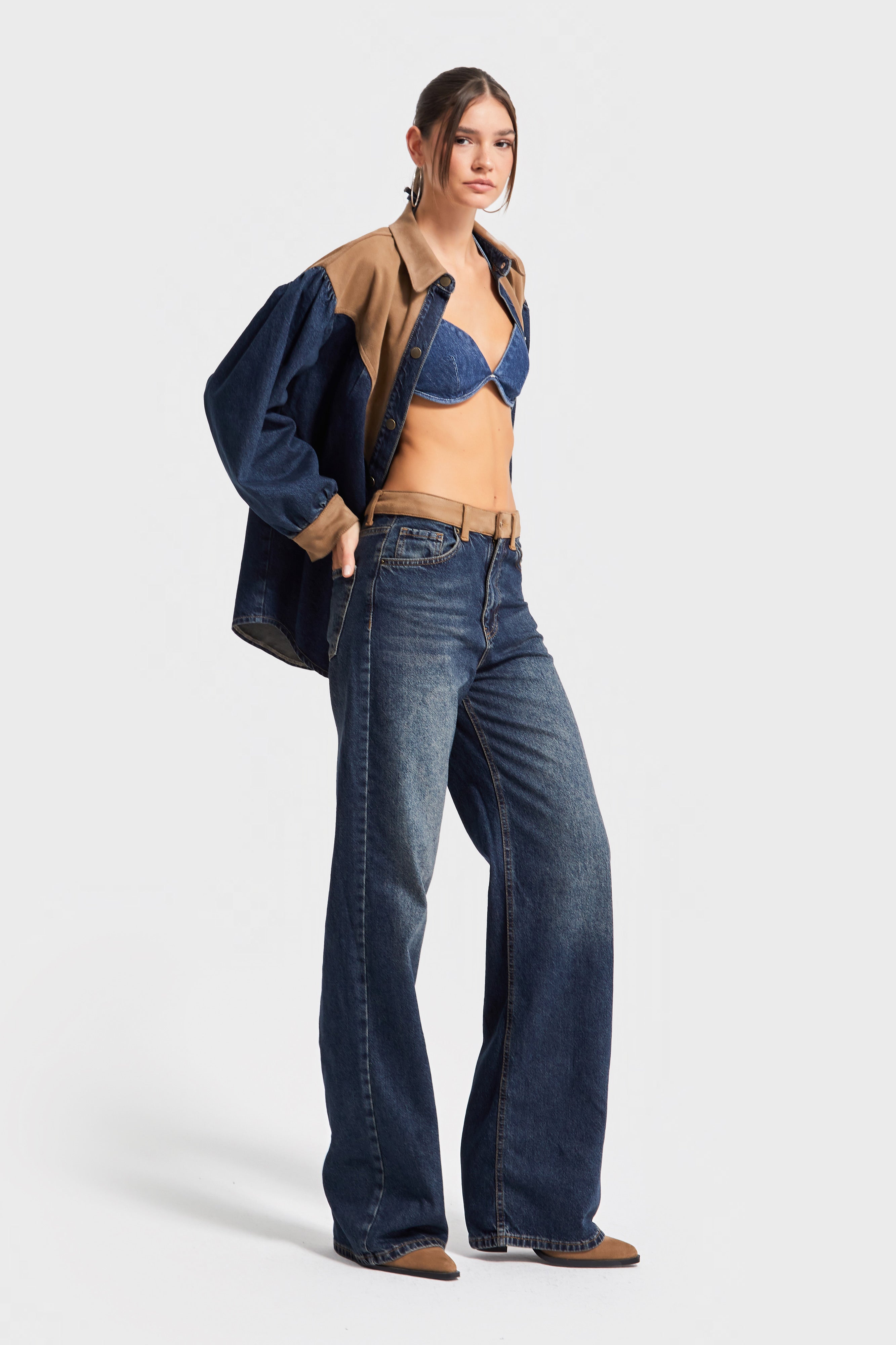 Kadın T.Kot Rengi 2w5-8 Mid Rise Wide Leg Fit Süet Kemer Detaylı İç Boy 83cm %100 Koton Denim Jean