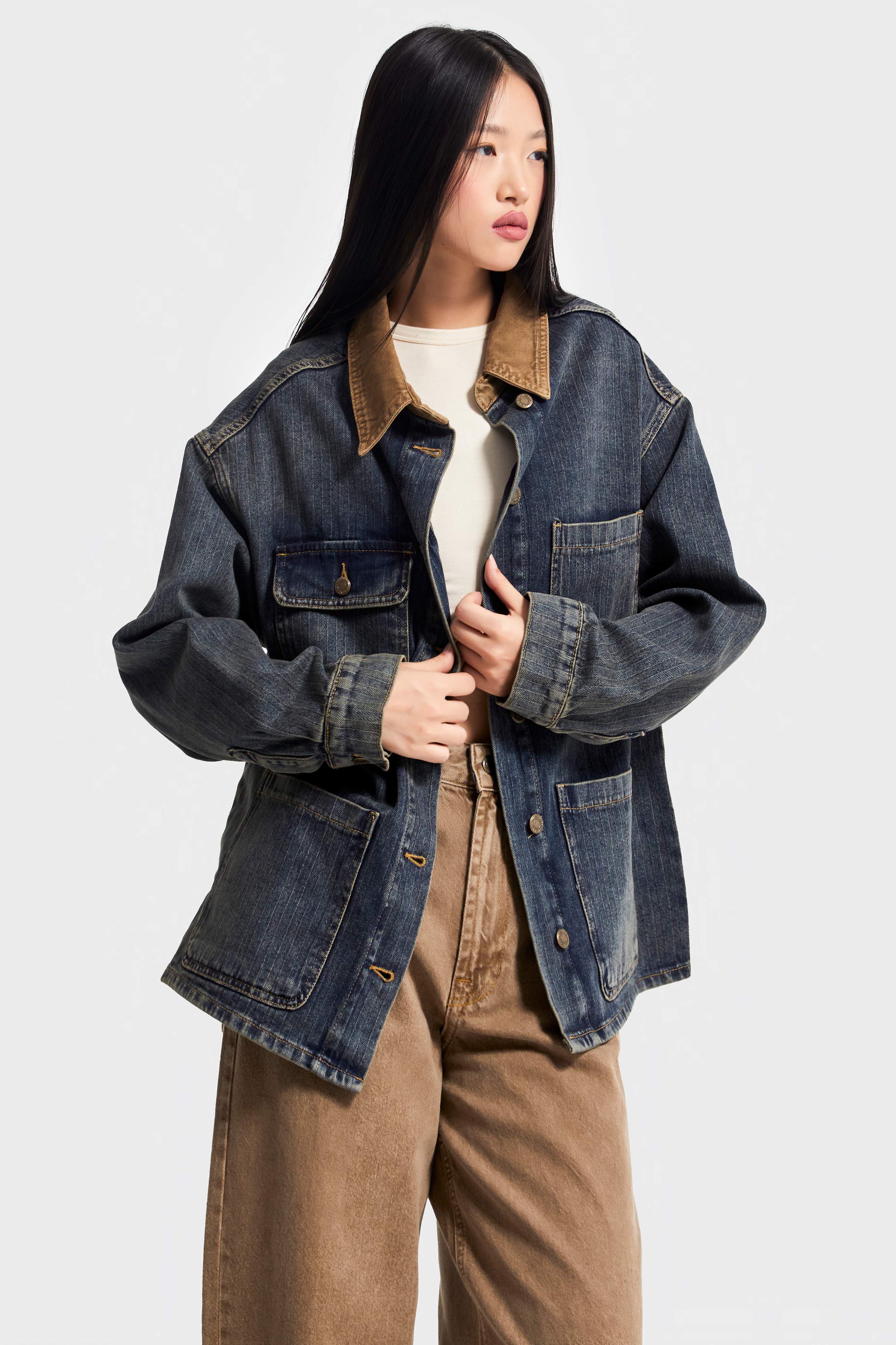 Kadın T.Kot Rengi 2w5-8 Oversize Önü Düğmeli Yaka Detaylı Tasarım Denim Ceket