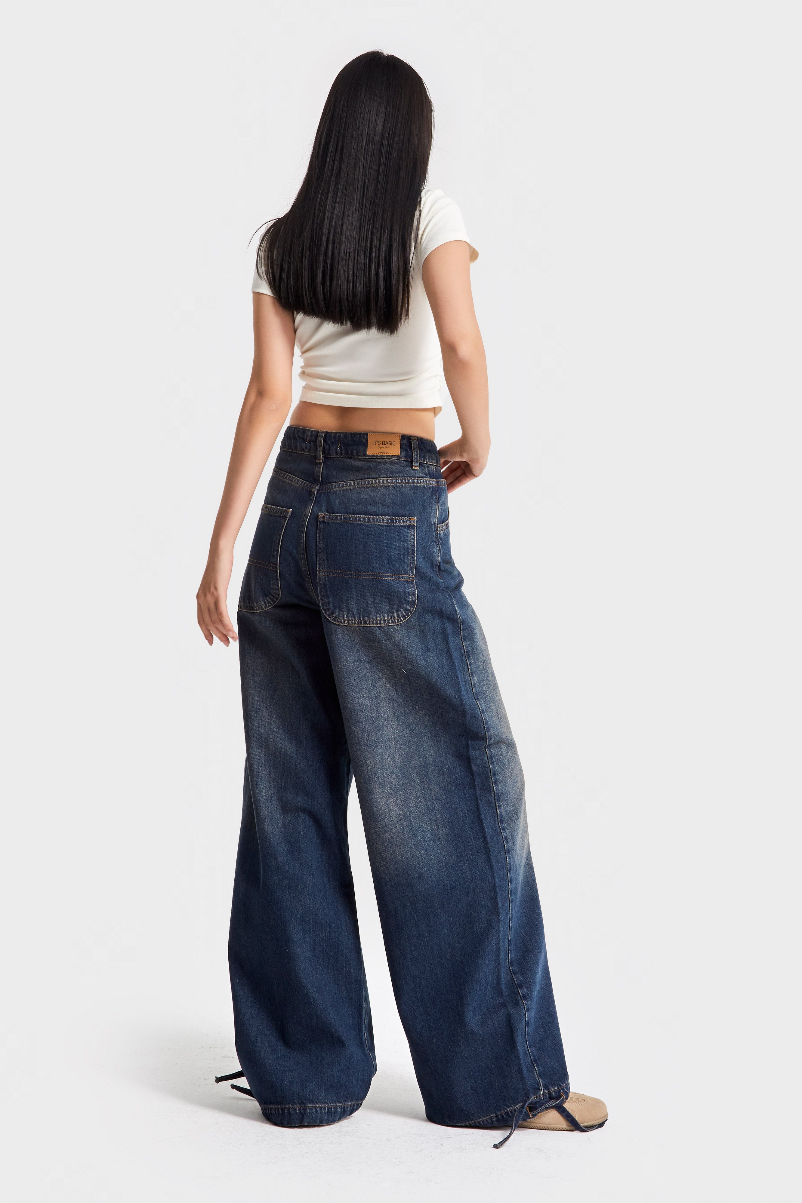 Kadın T.Kot Rengi 2w5-8 Straight Palazzo Fit Paçası Bağcıklı Süper Bol Kesim %100 Koton Denim Jean