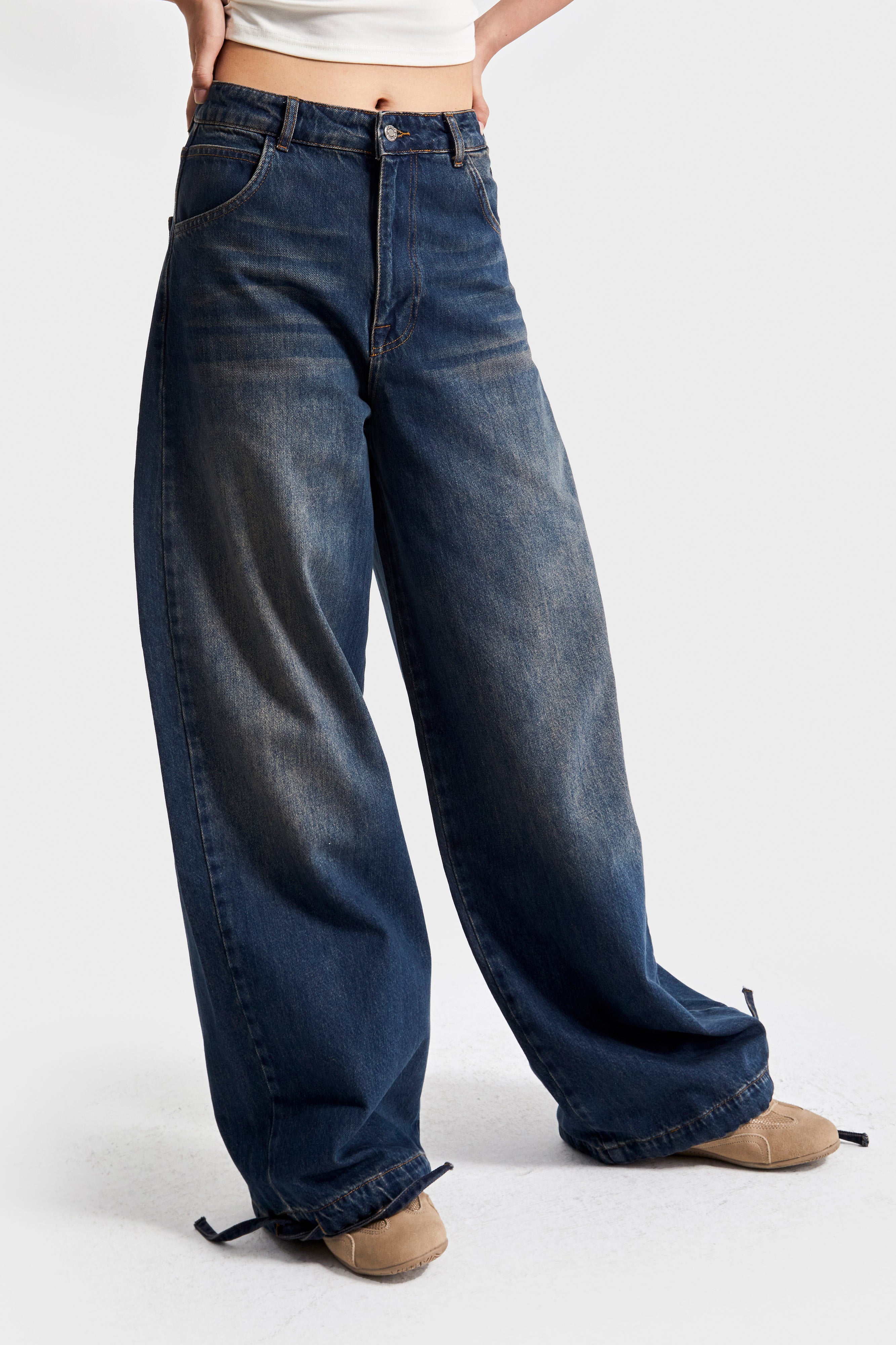Kadın T.Kot Rengi 2w5-8 Straight Palazzo Fit Paçası Bağcıklı Süper Bol Kesim %100 Koton Denim Jean