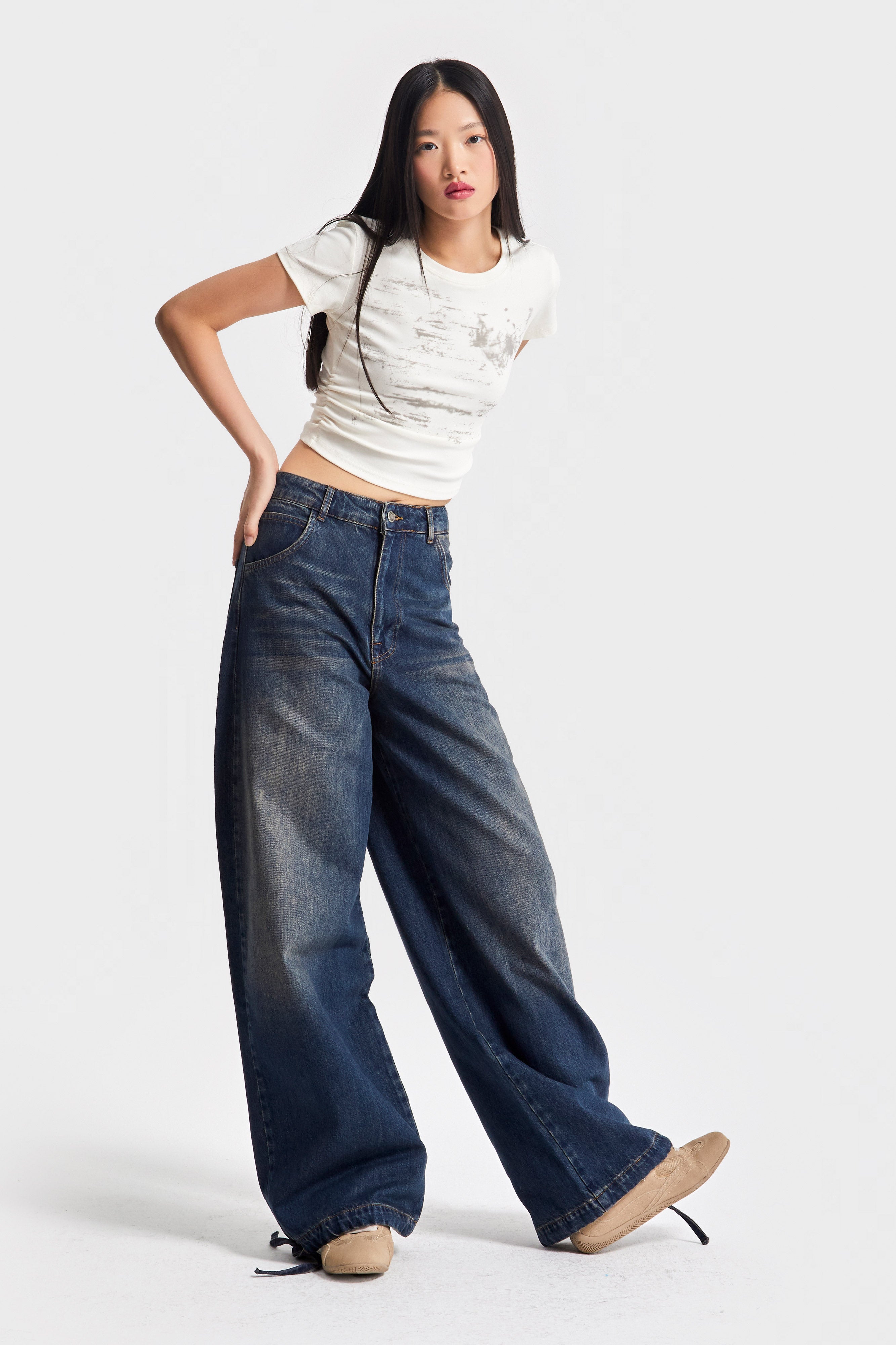 Kadın T.Kot Rengi 2w5-8 Straight Palazzo Fit Paçası Bağcıklı Süper Bol Kesim %100 Koton Denim Jean