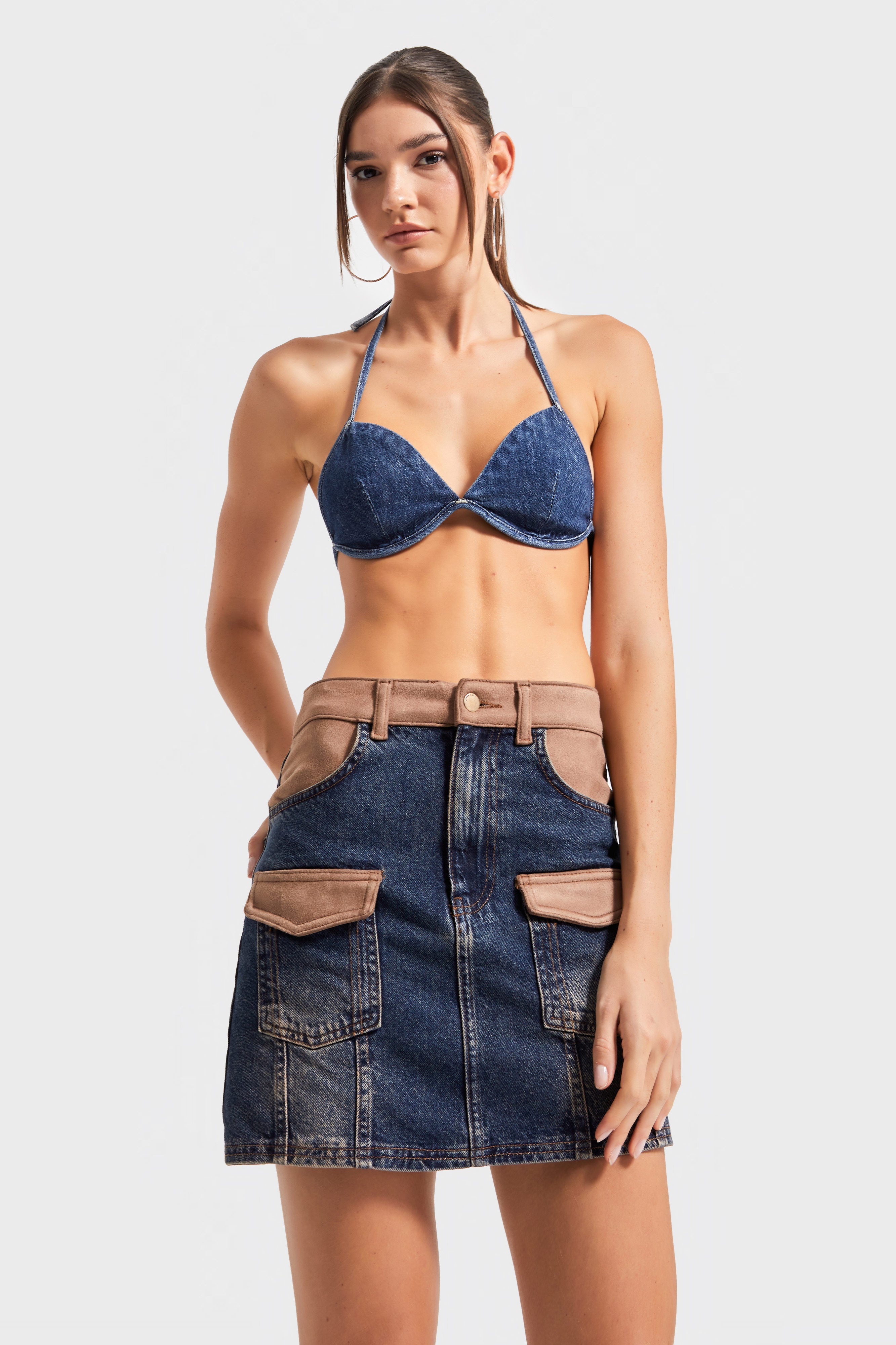 Kadın T.Kot Rengi 2w5-8 Süet Parçalı Önden Cepli 41cm Özel Tasarım Denim Etek