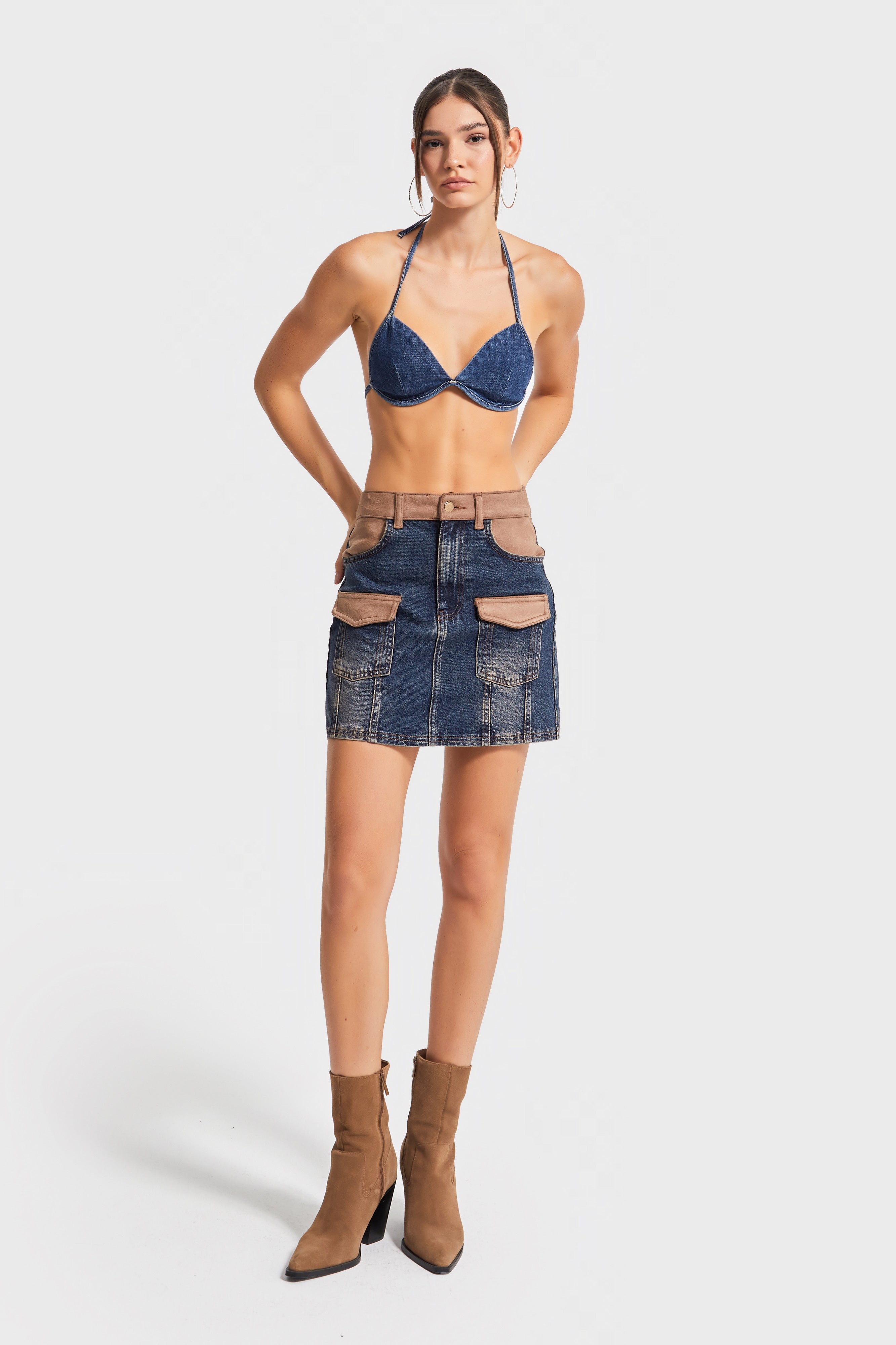 Kadın T.Kot Rengi 2w5-8 Süet Parçalı Önden Cepli 41cm Özel Tasarım Denim Etek