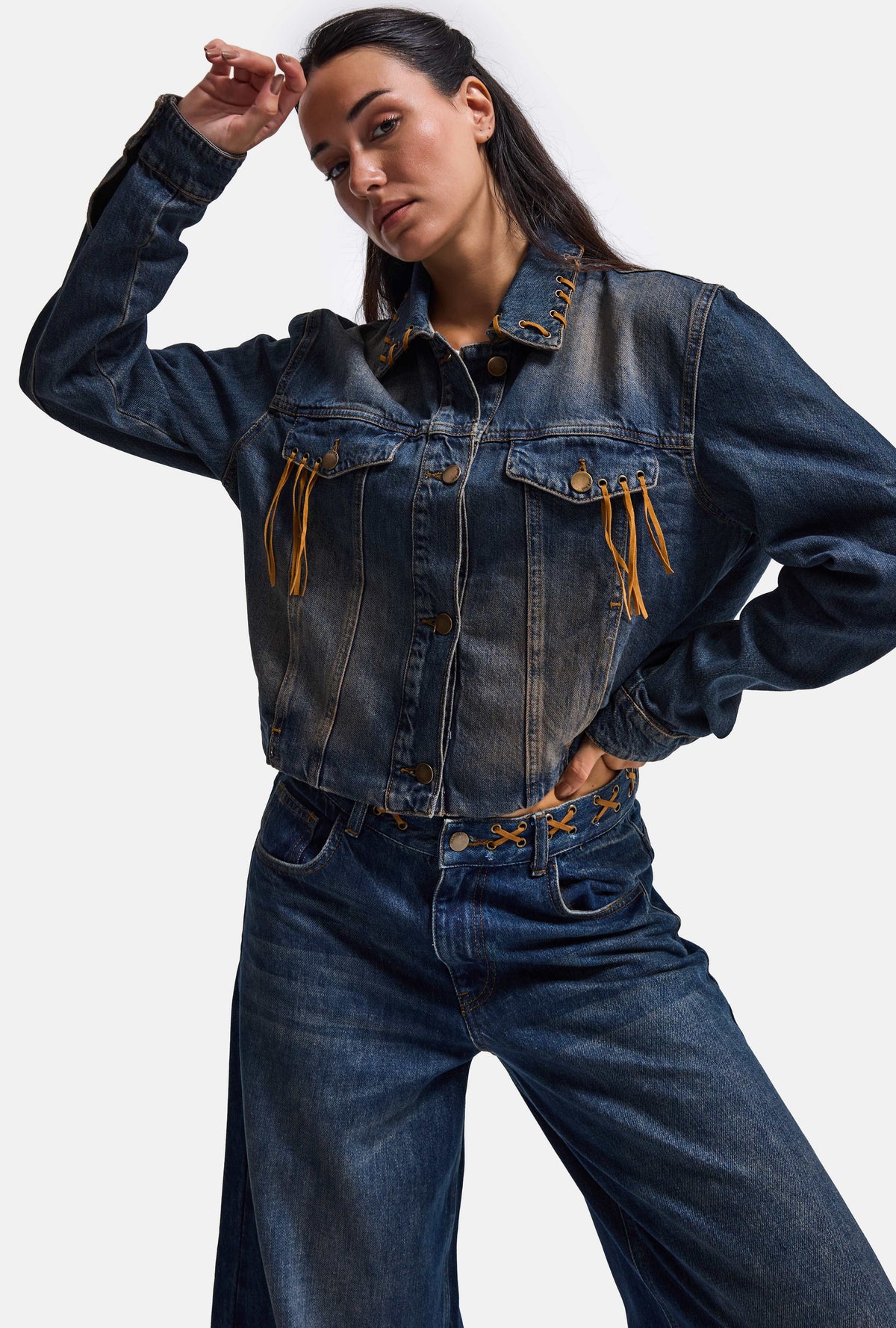 Kadın T.Kot Rengi 2w6-8 Kemer Boy Süet Detaylı Tasarım Denim Ceket