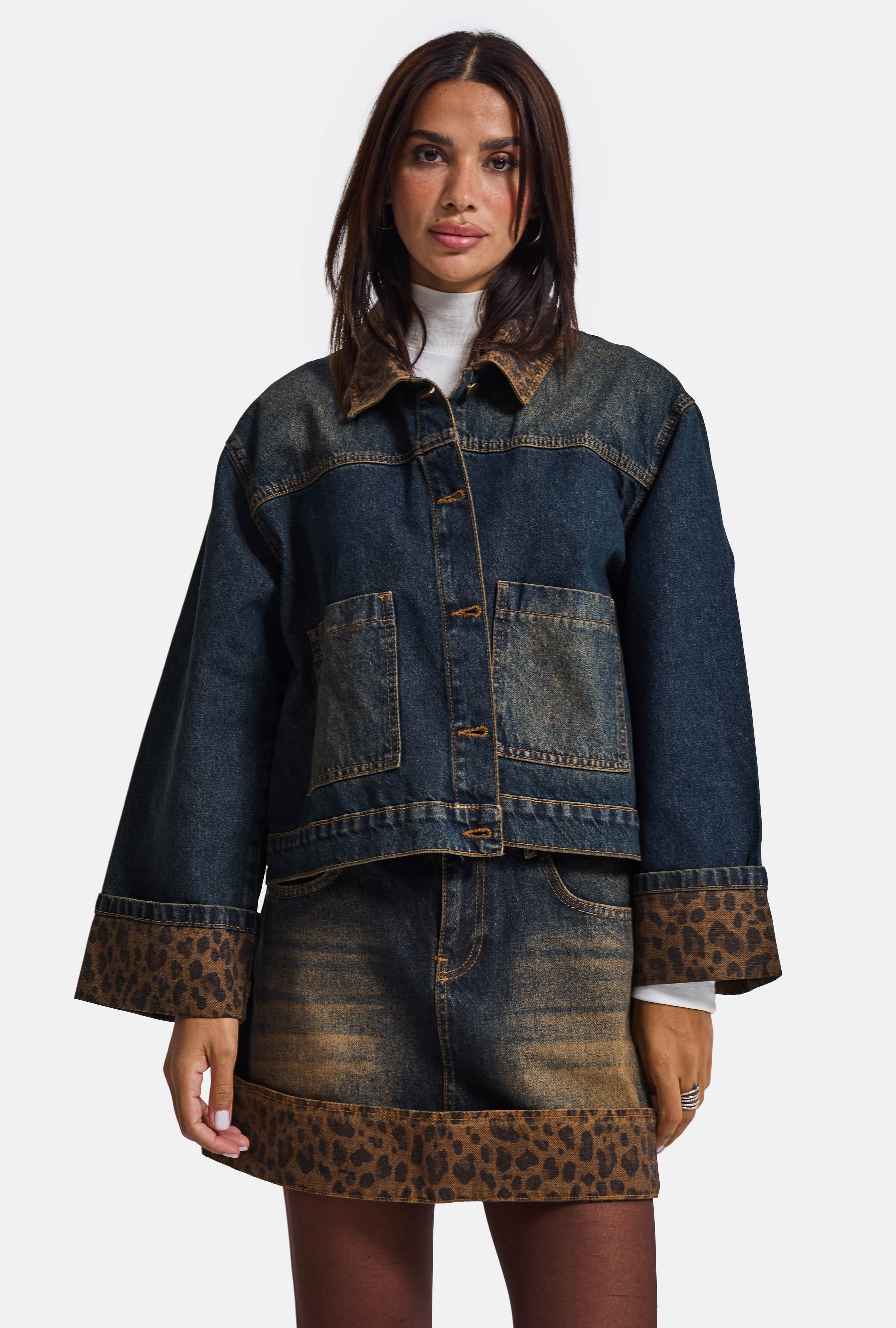 Kadın T.Kot Rengi 2w6-8 Oversize Kemer Boy Leopar Detaylı Tasarım Denim Ceket