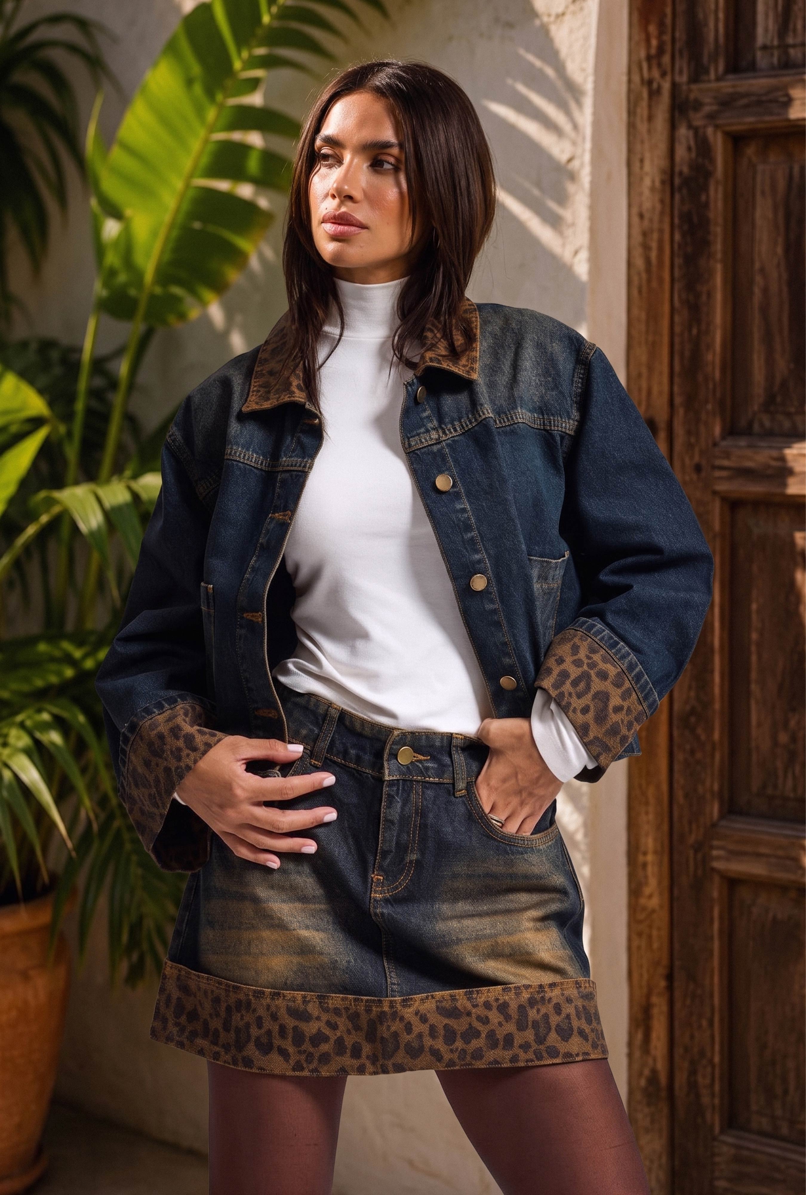 Kadın T.Kot Rengi 2w6-8 Oversize Kemer Boy Leopar Detaylı Tasarım Denim Ceket
