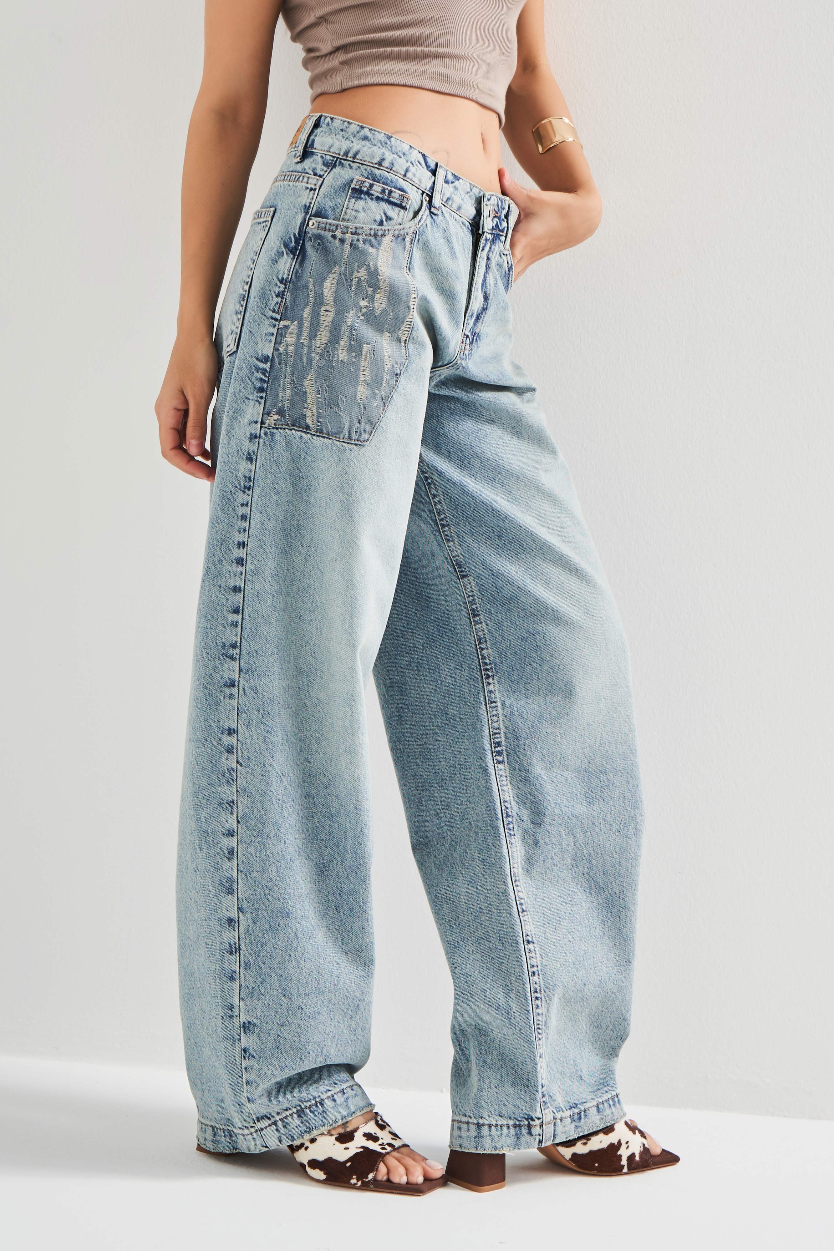 Kadın T.Kot Rengi 4S5-31 Baggy Balon Fit Cep Detaylı %100 Koton Bol Kesim Denim Jean