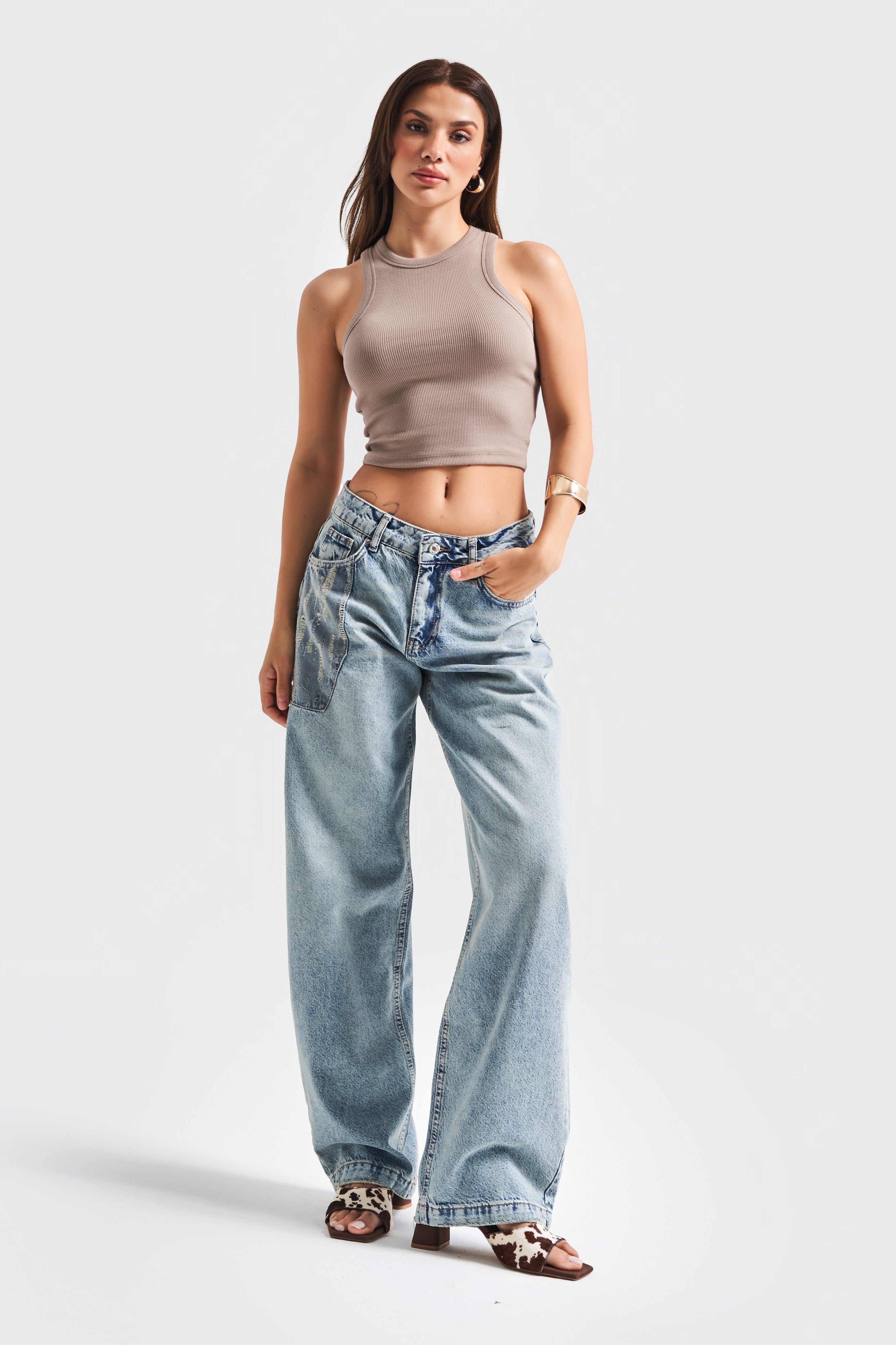 Kadın T.Kot Rengi 4S5-31 Baggy Balon Fit Cep Detaylı %100 Koton Bol Kesim Denim Jean