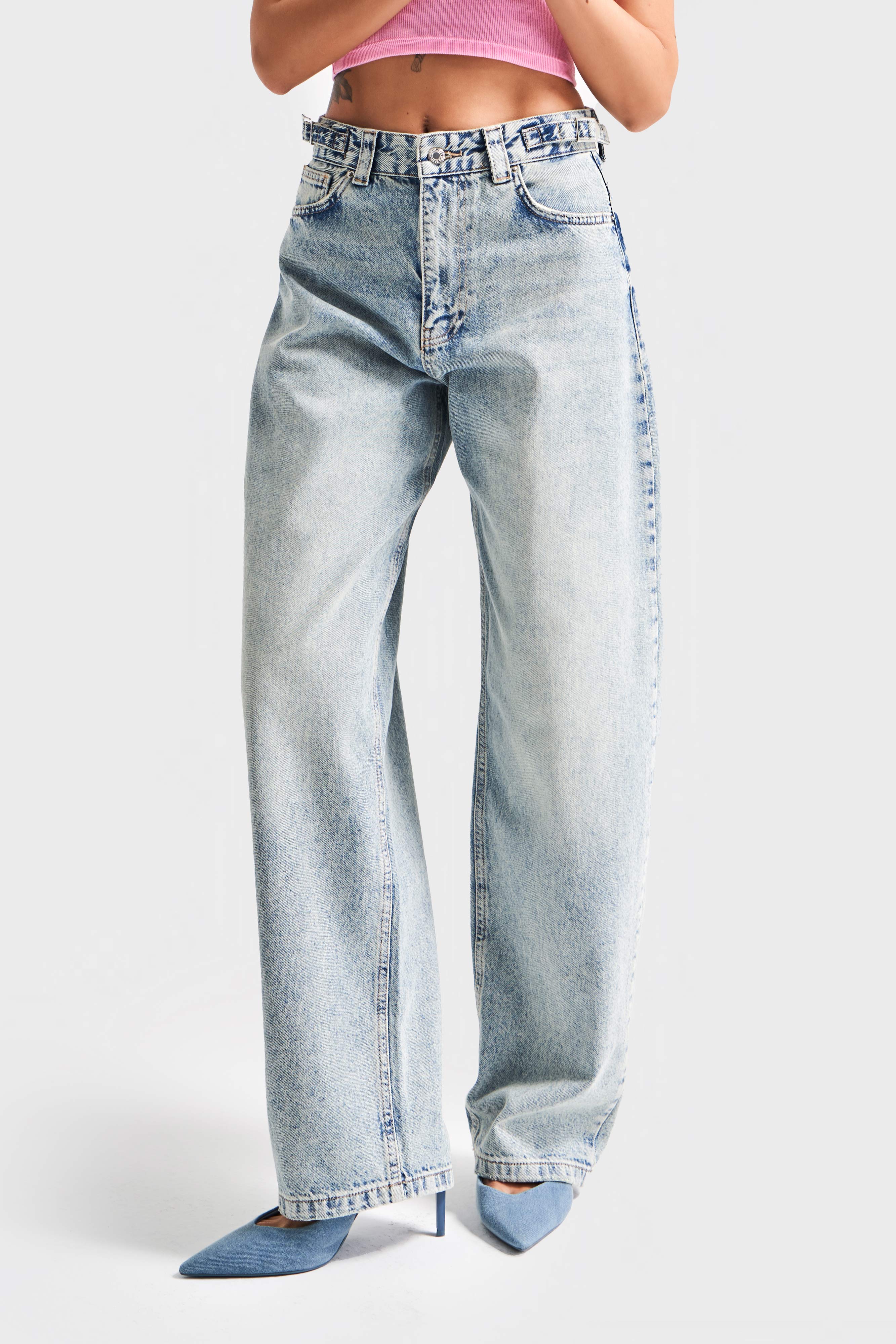 Kadın T.Kot Rengi 4s5-32 Süper Baggy Fit %100 Koton Kemer Detaylı Denim Jean