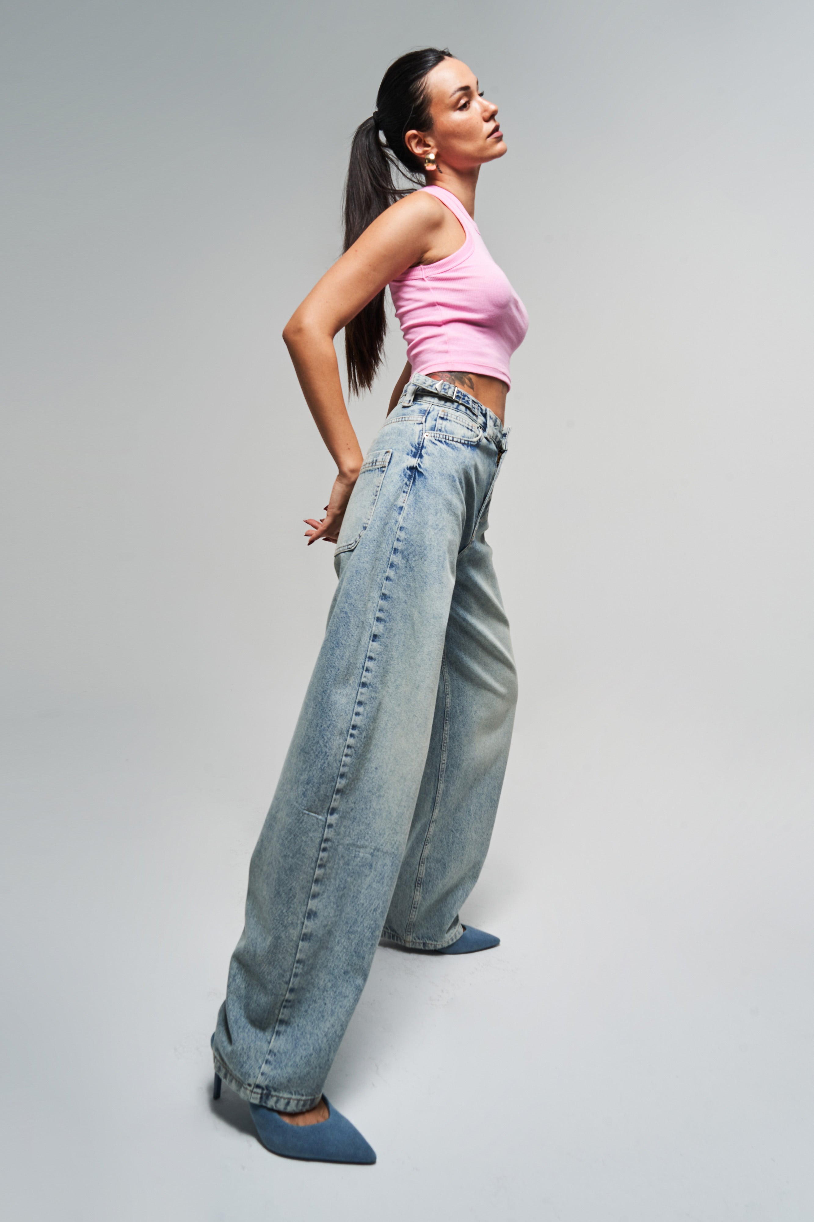 Kadın T.Kot Rengi 4s5-32 Süper Baggy Fit %100 Koton Kemer Detaylı Denim Jean