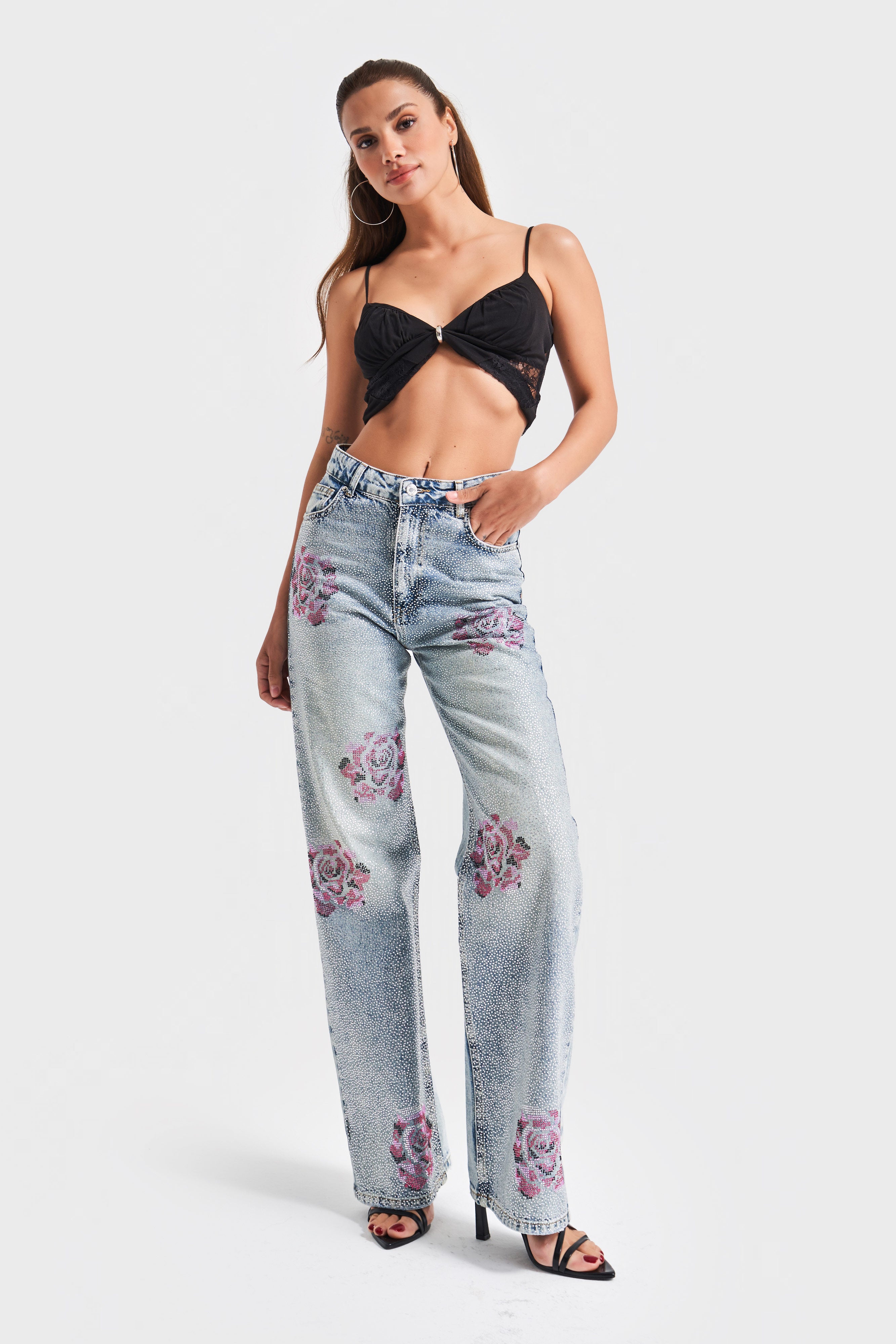 Kadın T.Kot Rengi 4s5-80 Straight Fit Parlak Taşlı Gül Detaylı %100 Koton Tasarım Denim Jean