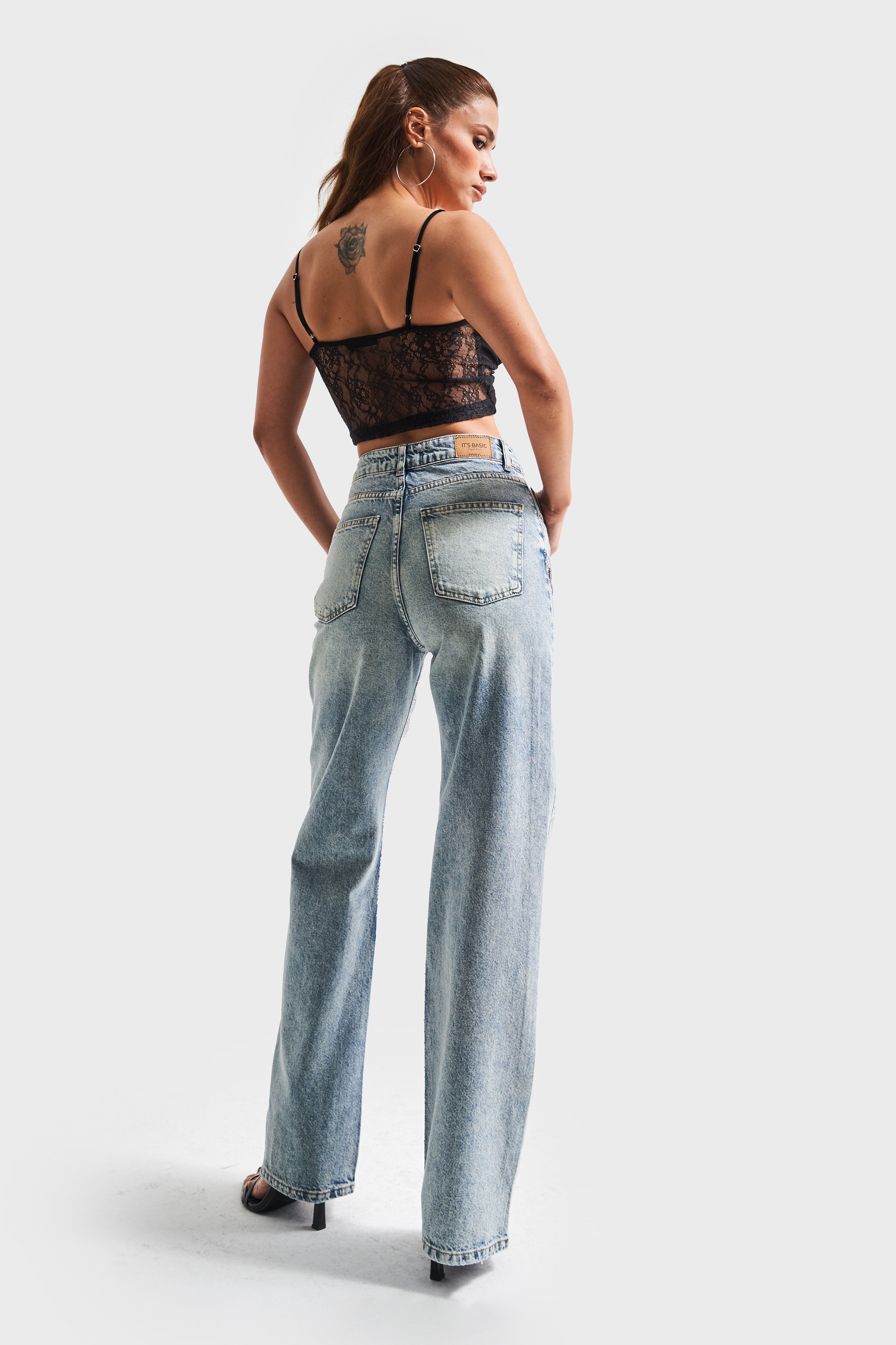 Kadın T.Kot Rengi 4s5-80 Straight Fit Parlak Taşlı Gül Detaylı %100 Koton Tasarım Denim Jean