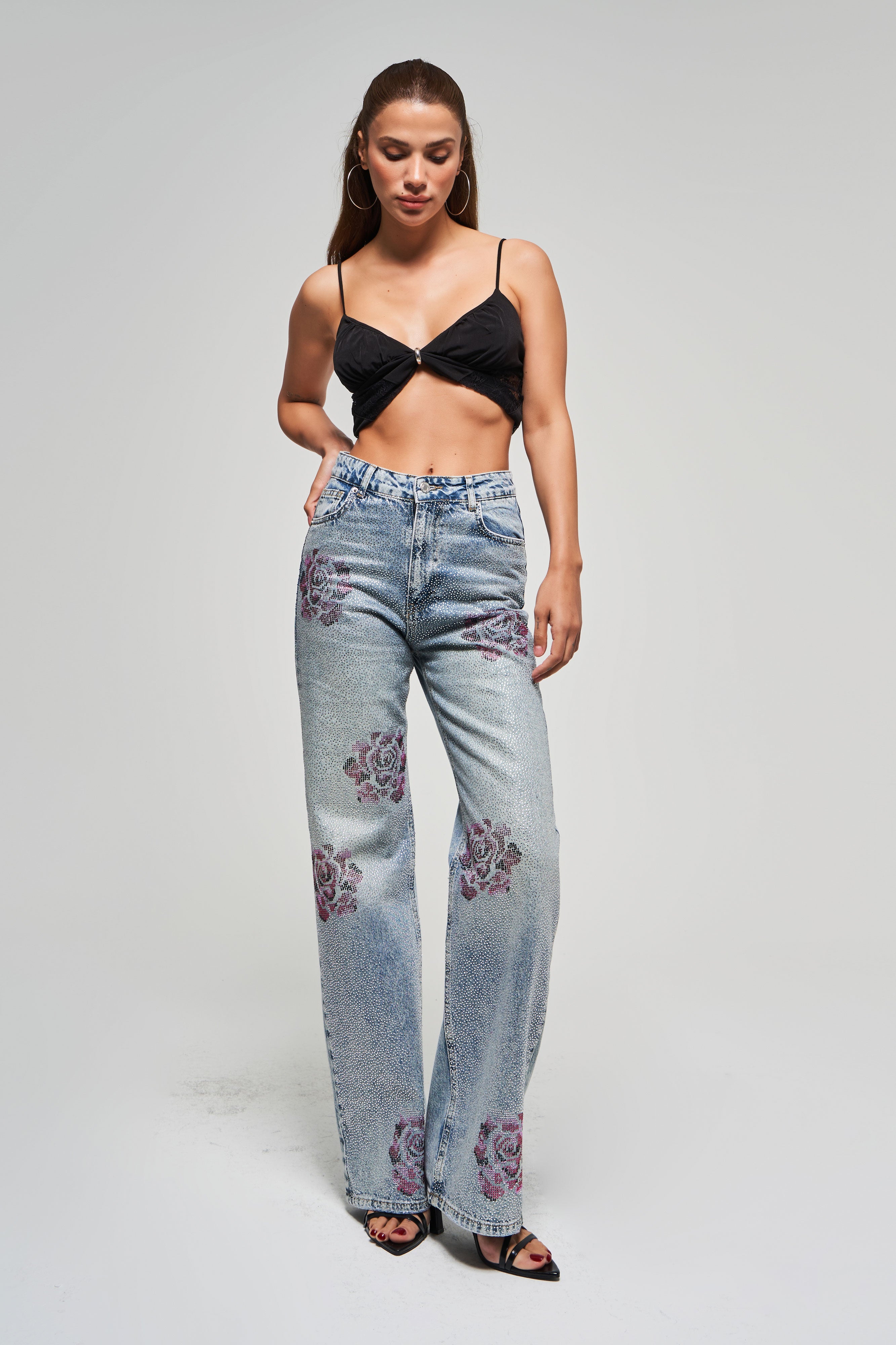 Kadın T.Kot Rengi 4s5-80 Straight Fit Parlak Taşlı Gül Detaylı %100 Koton Tasarım Denim Jean