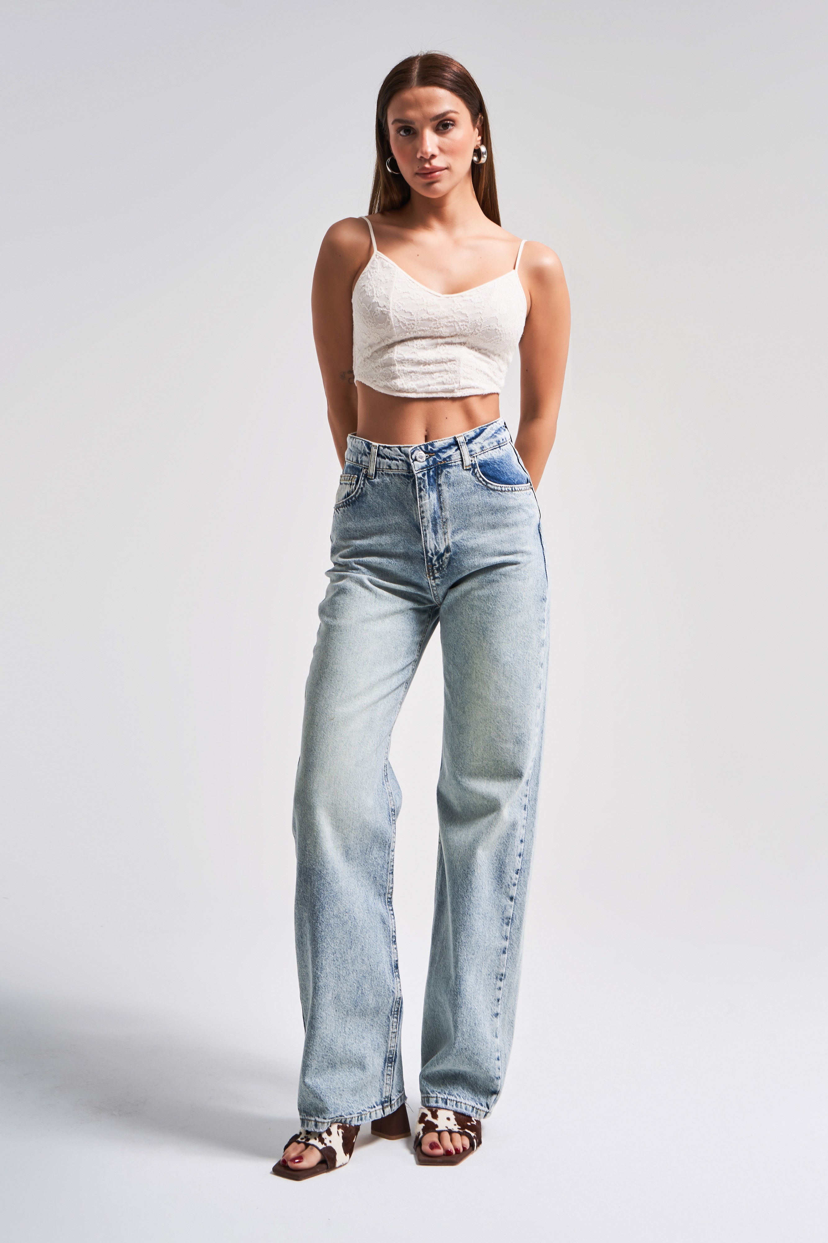 Women's T.Jeans Color 2S5-67 Straight Fit High Waist 100% Cotton Inner Length 80cm Denim Jeans