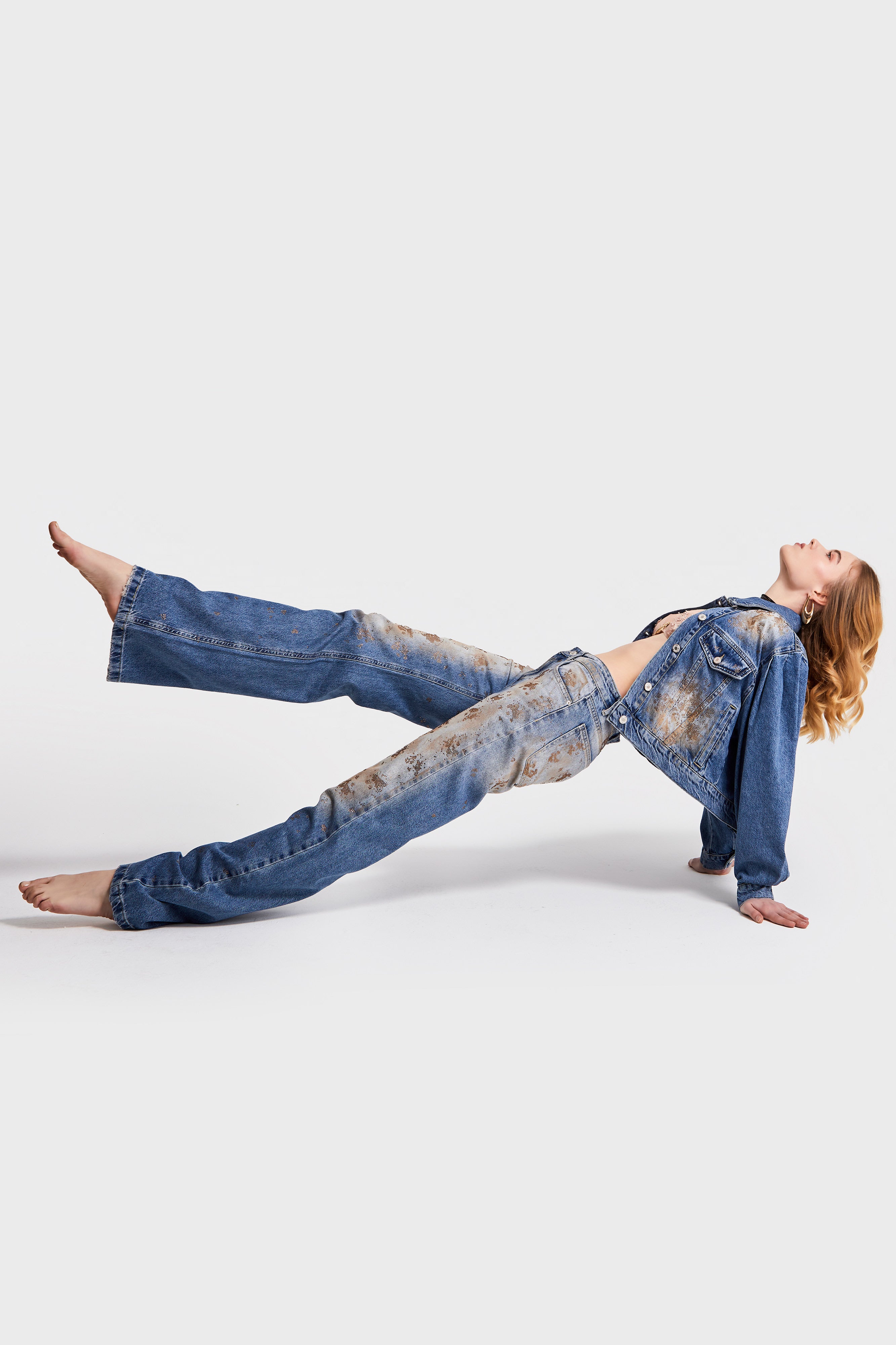Kadın T.Kot Rengi 4S568 Parlak Taşlı Tasarım Baggy Flare Fit Denim