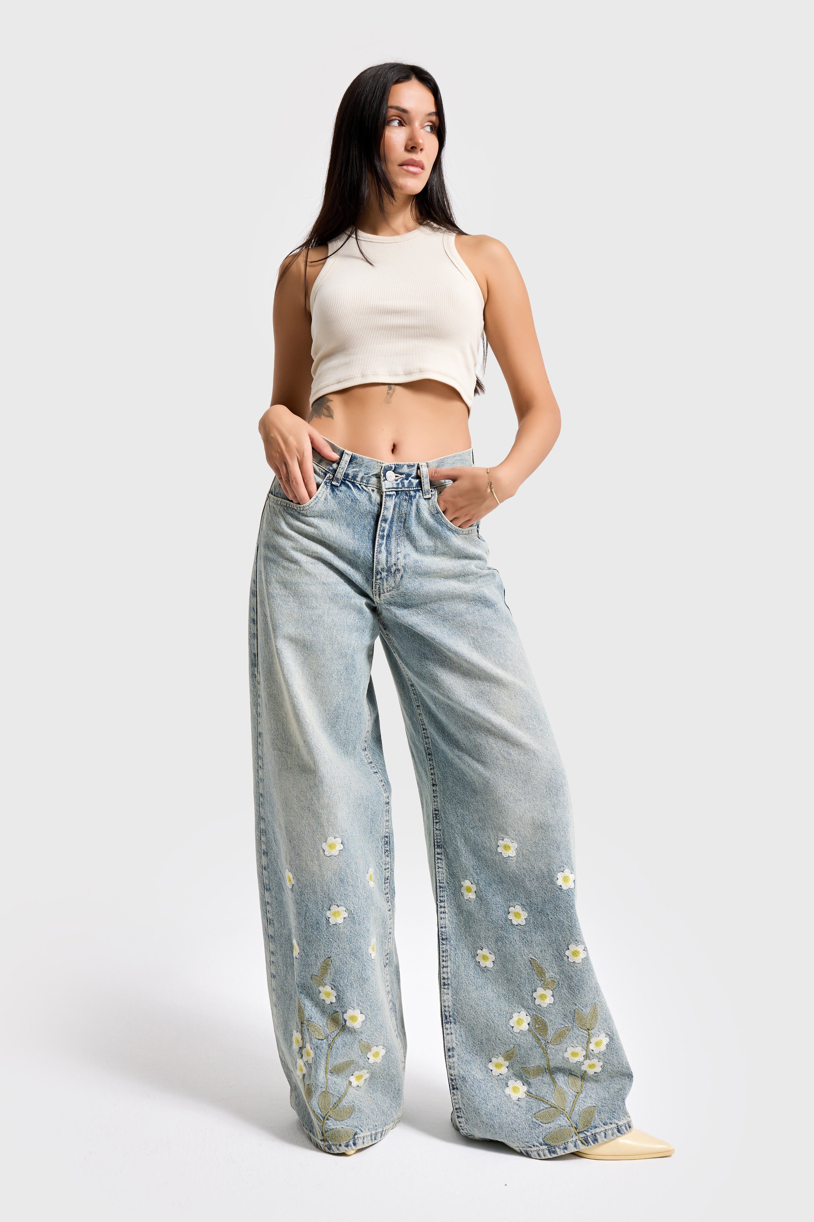 Kadın T.Kot Rengi 4s6-67 Palazzo Fit Özel Çiçek Nakışlı Tasarım Denim Jean