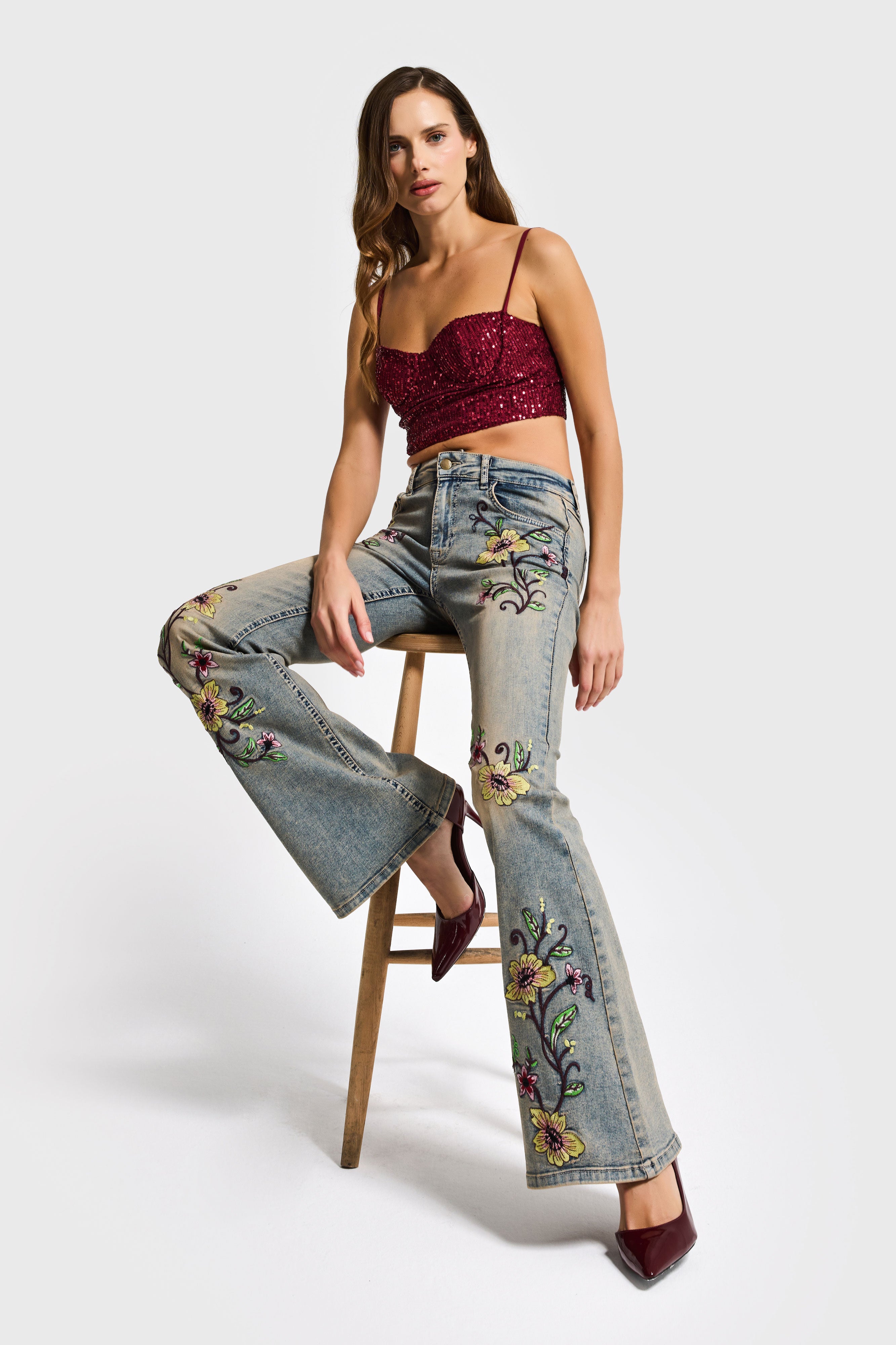 Kadın T.Kot Rengi 4s6-91 Midrise Flare Fit Özel Nakış Desenli Elastan Kumaş Denim Jean