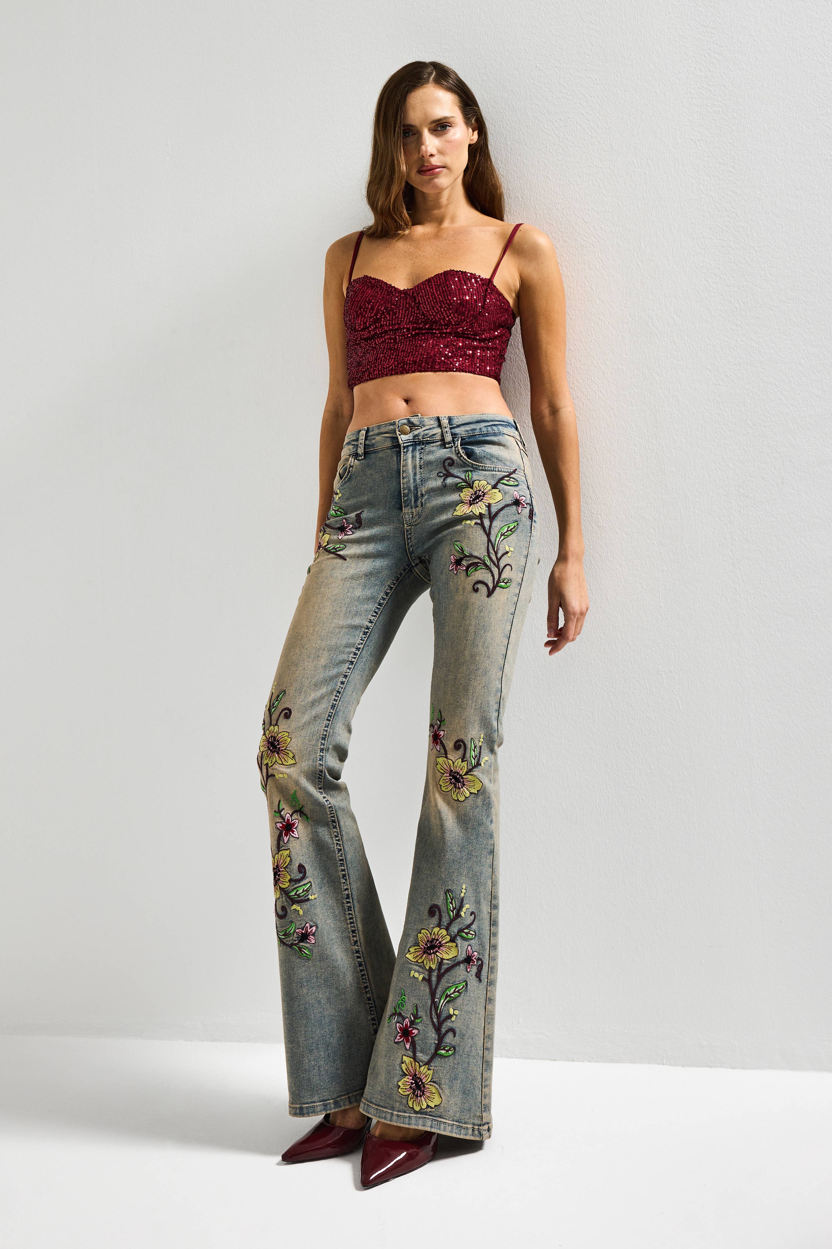 Kadın T.Kot Rengi 4s6-91 Midrise Flare Fit Özel Nakış Desenli Elastan Kumaş Denim Jean